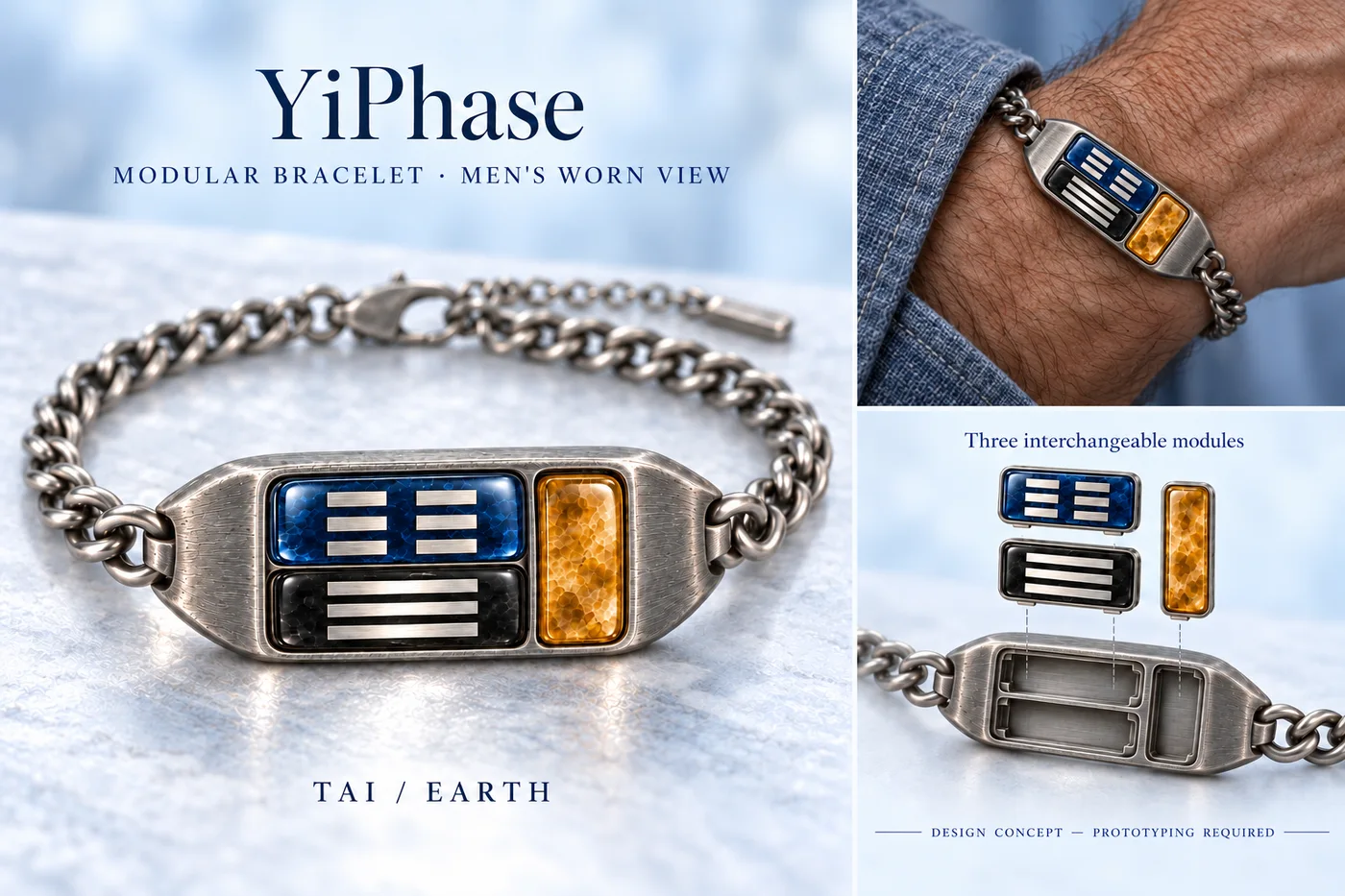 Tai bracelet concept with wearer view and upper trigram, lower trigram and Earth modules separated above the wrist carrier