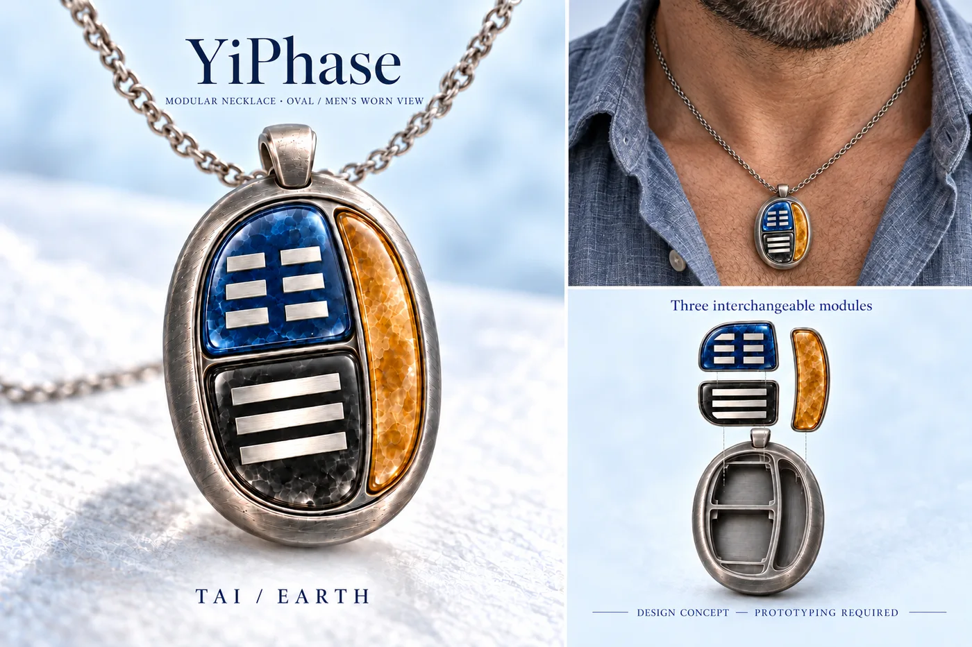 Oval Tai pendant concept with wearer view and three modules separated from its metal frame