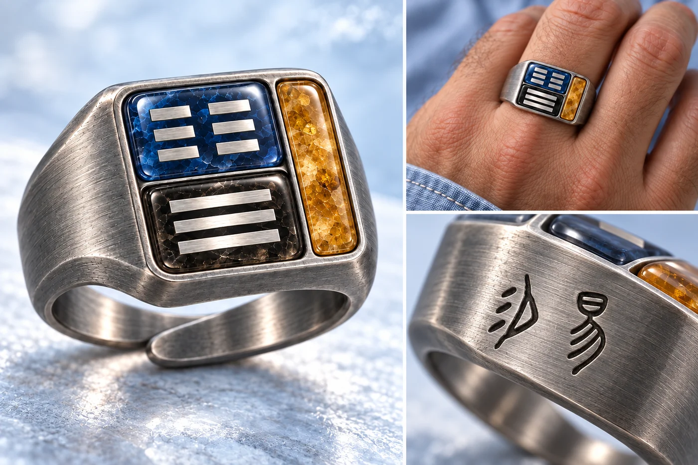 Tai ring concept showing silver inlays, male wearer and two ancient Yi engravings