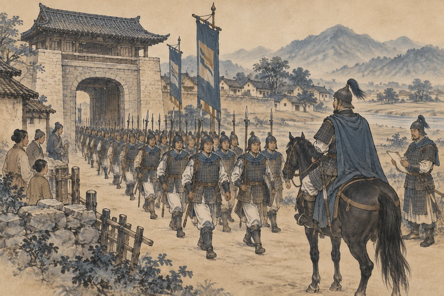An ordered force leaves under disciplined command.