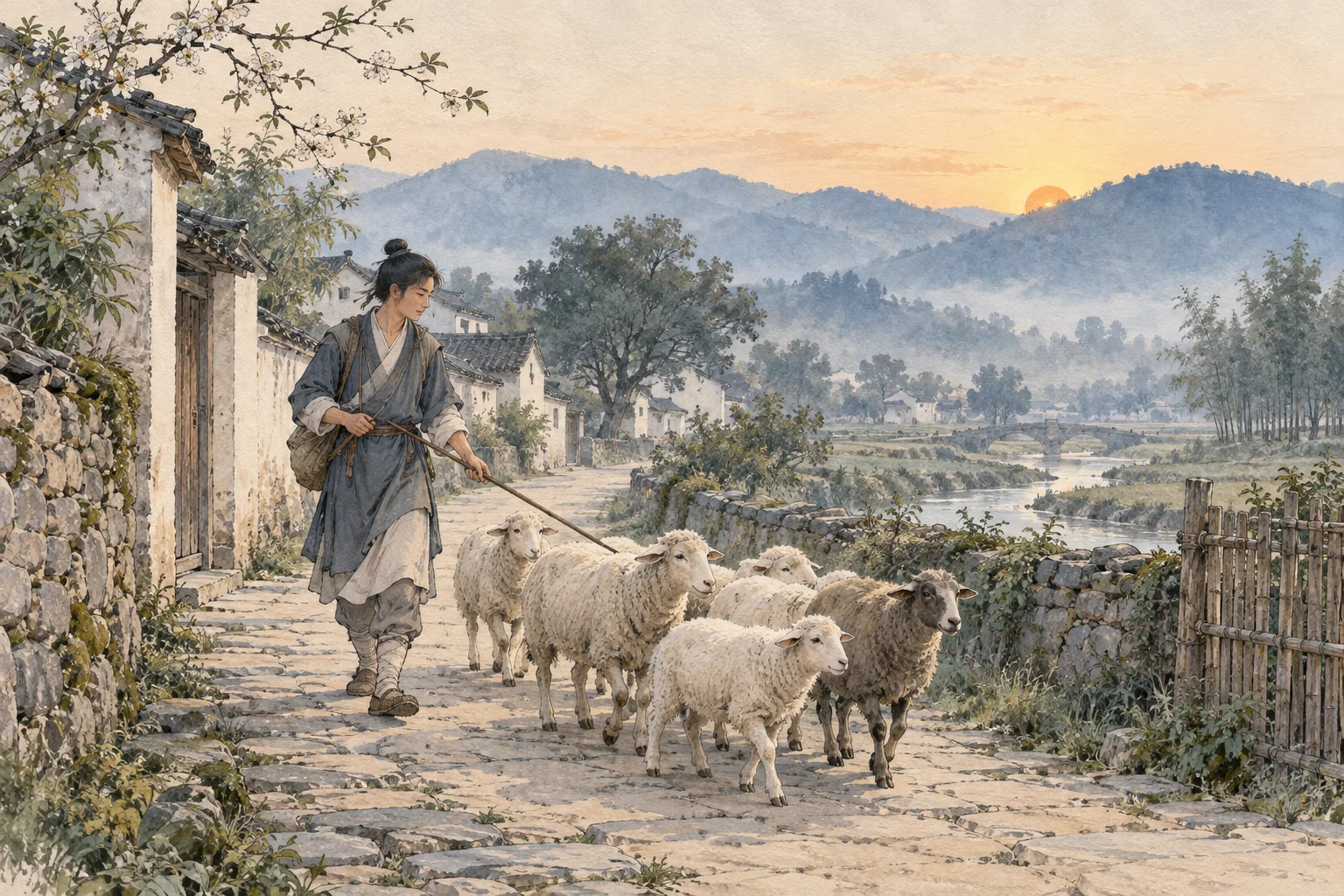 A traveler gently gathers sheep onto a country path.
