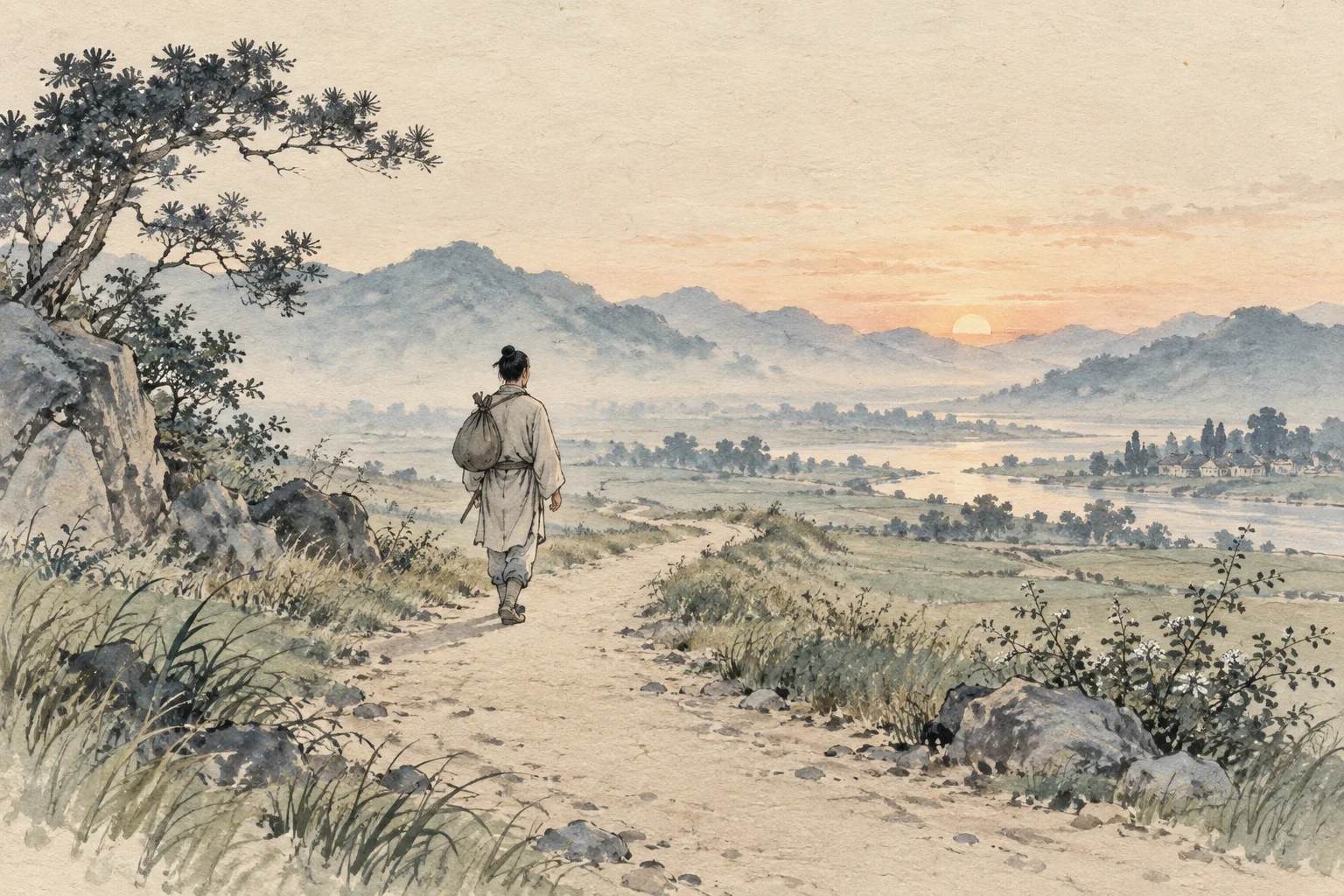 A traveler walks alone on a clear country path.