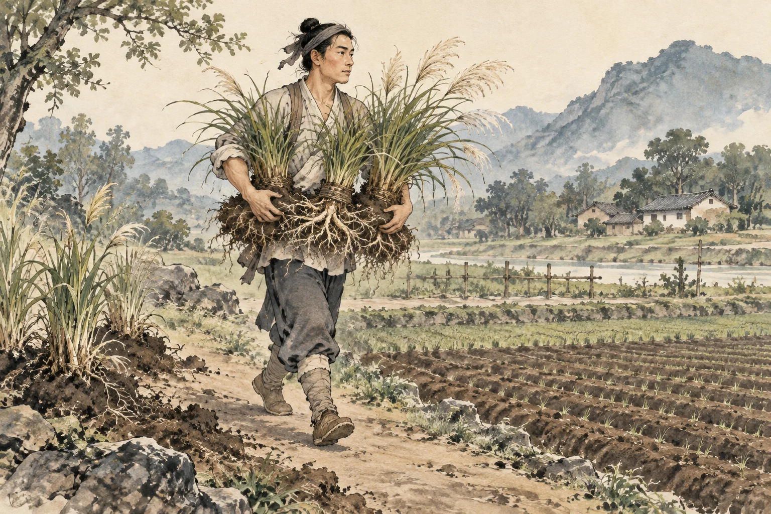 A farmer lifts intertwined grass roots from fertile earth.