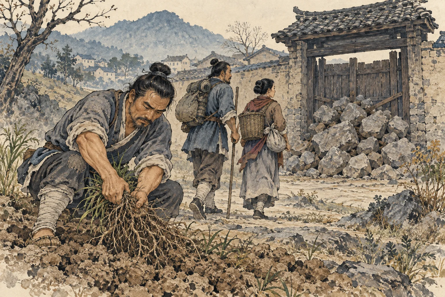 Companions pull intertwined grass roots near a blocked gate.