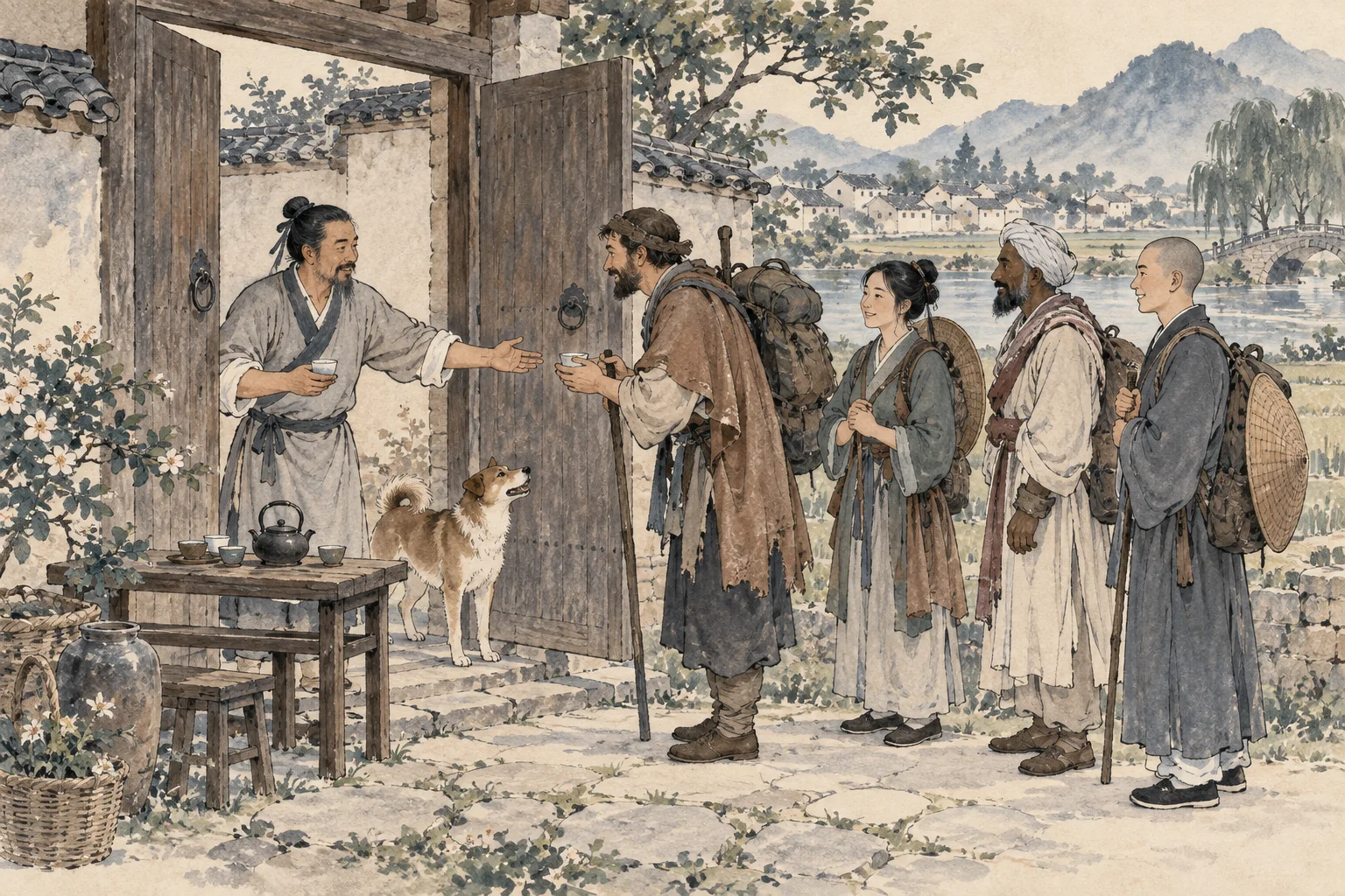 A homeowner welcomes different travelers at an open village gate.