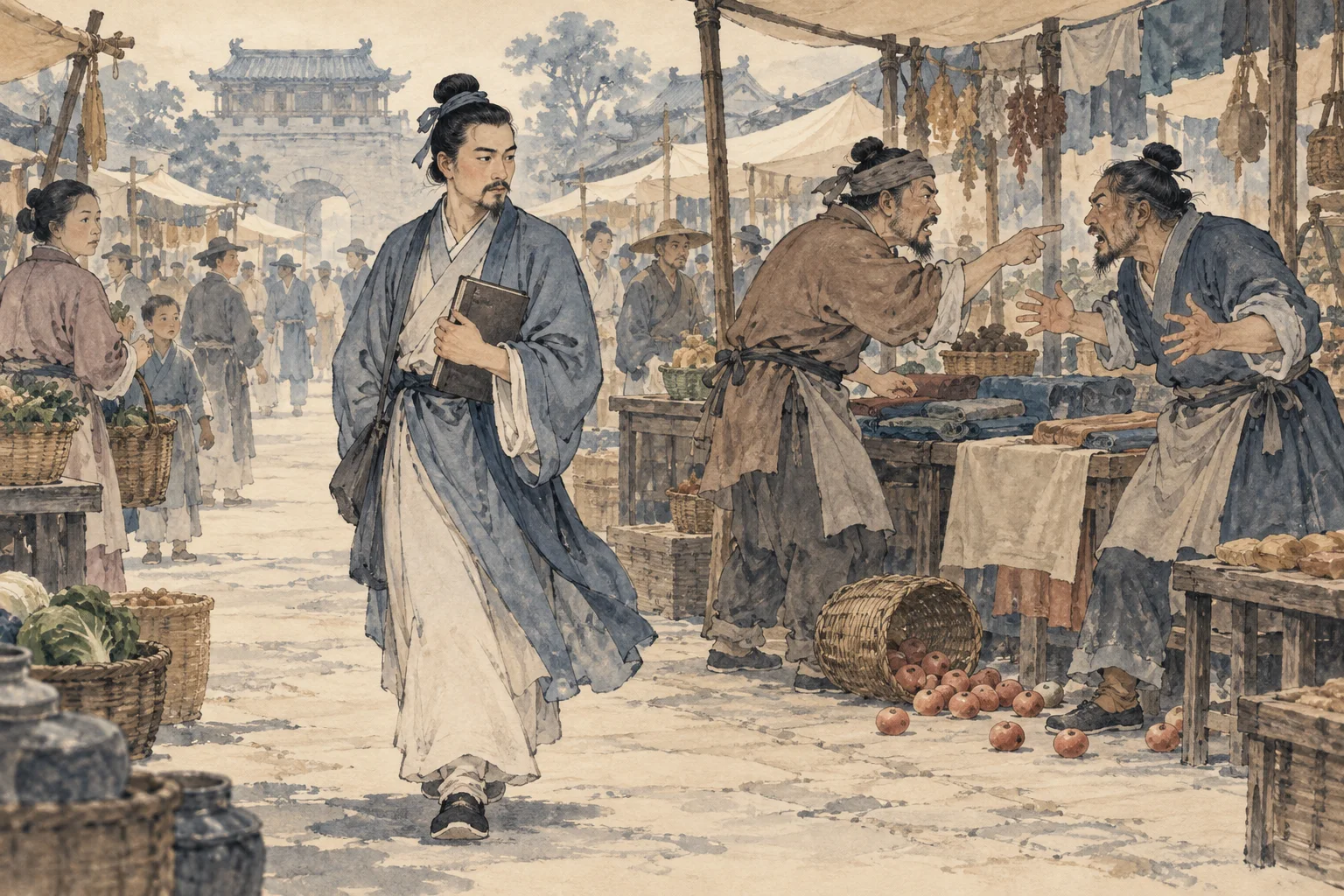 A careful merchant passes a market conflict without joining it.