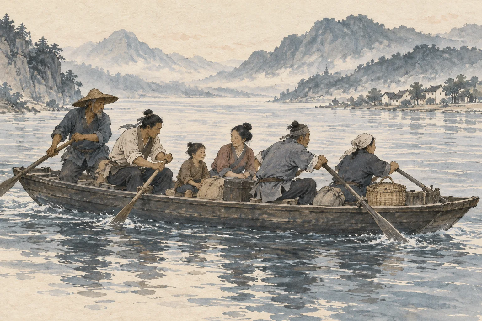 A humble traveler helps row a ferry across a wide river.