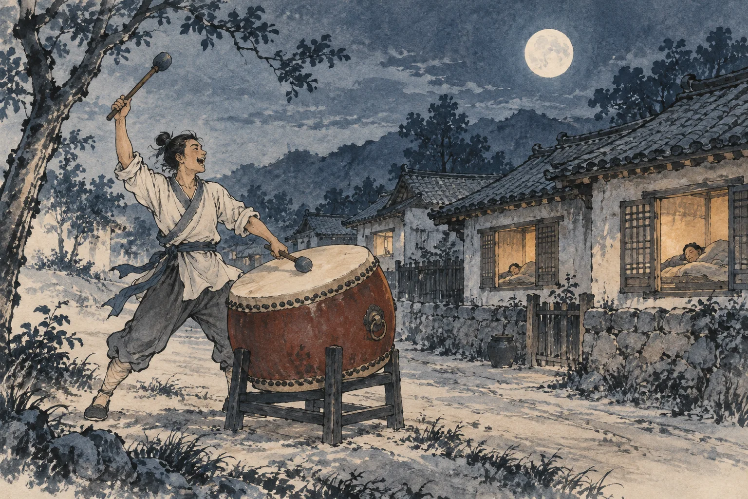 A young man beats a drum loudly outside a quiet village.