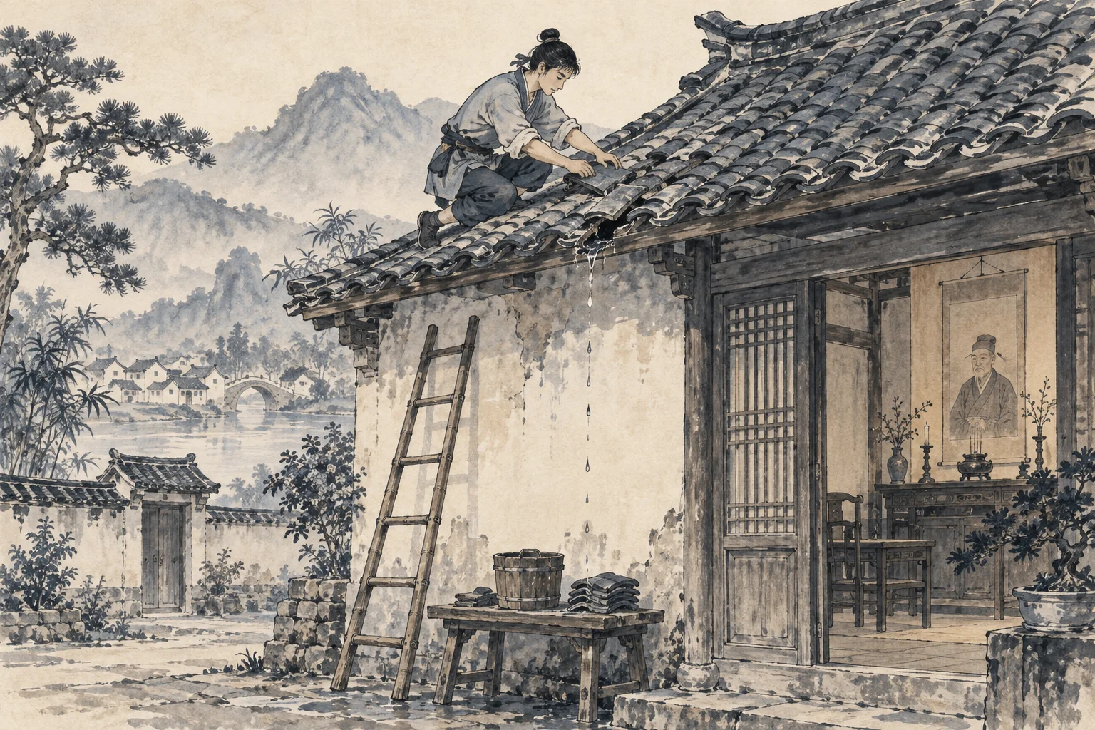 A young adult repairs an inherited leaking roof.