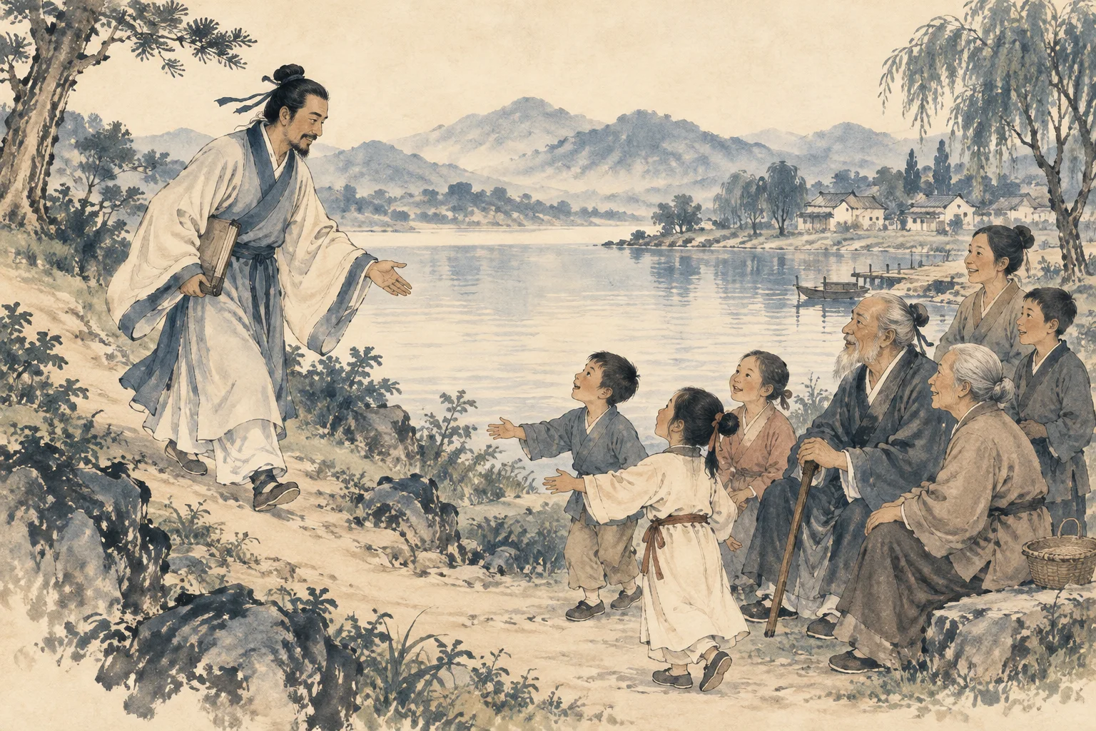 A teacher approaches villagers beside a lake.