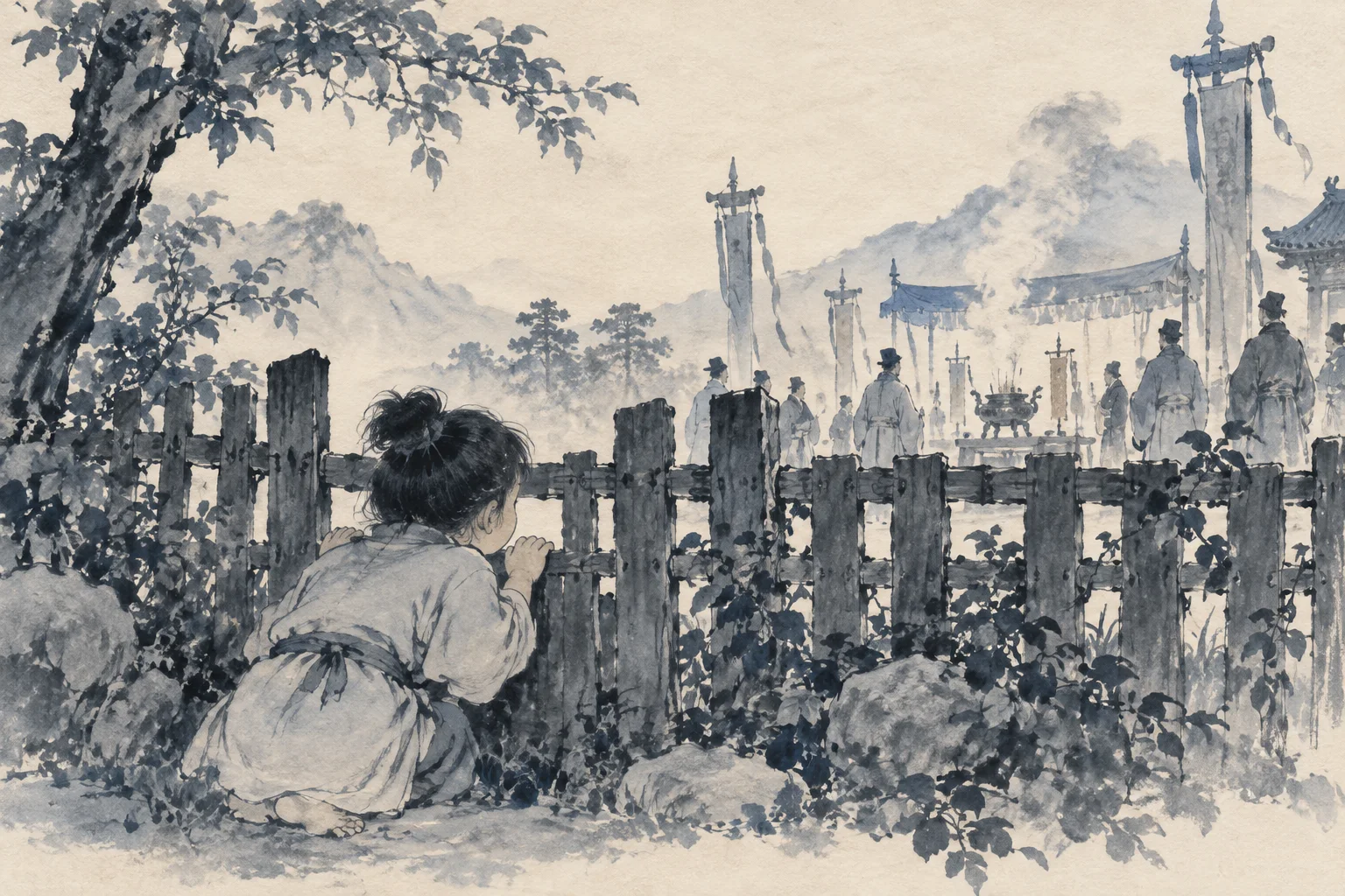 A child peeks through a fence at a distant ceremony.