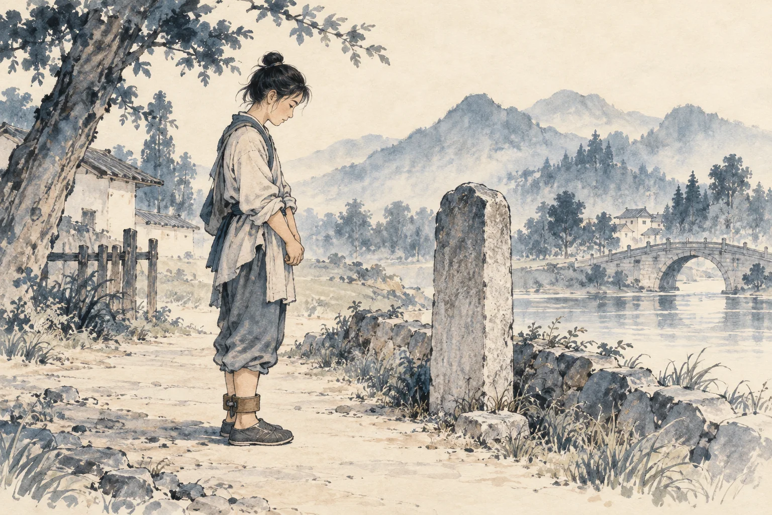 A young person pauses in an ankle restraint at a boundary marker.