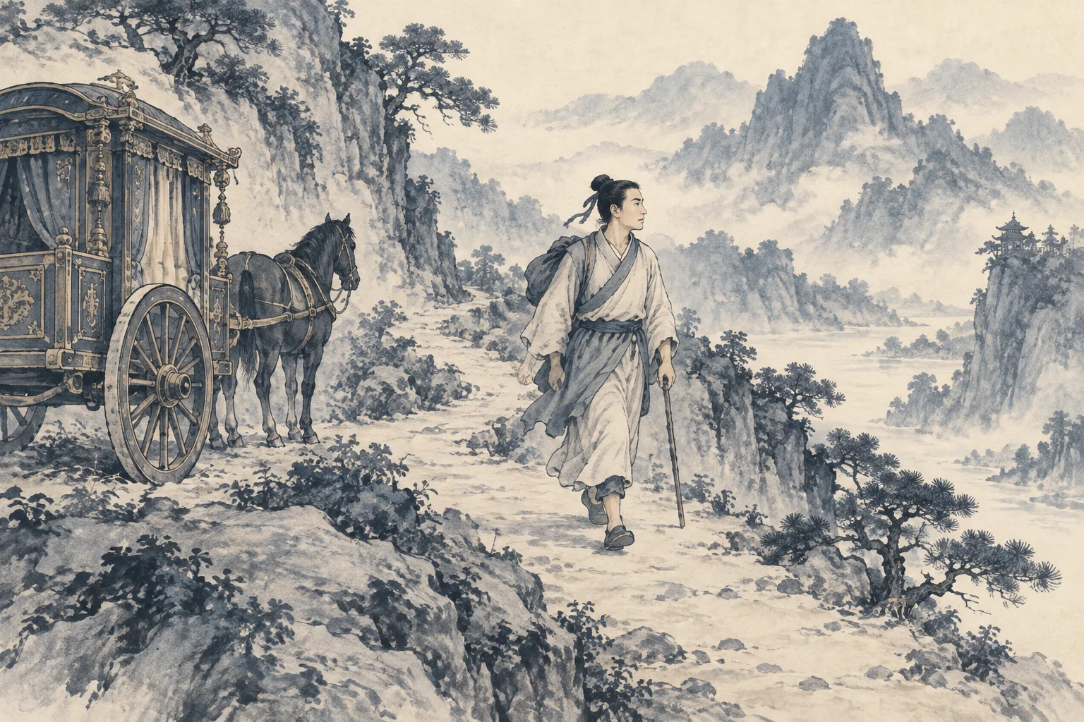 A traveler walks past an ornate carriage on a mountain path.