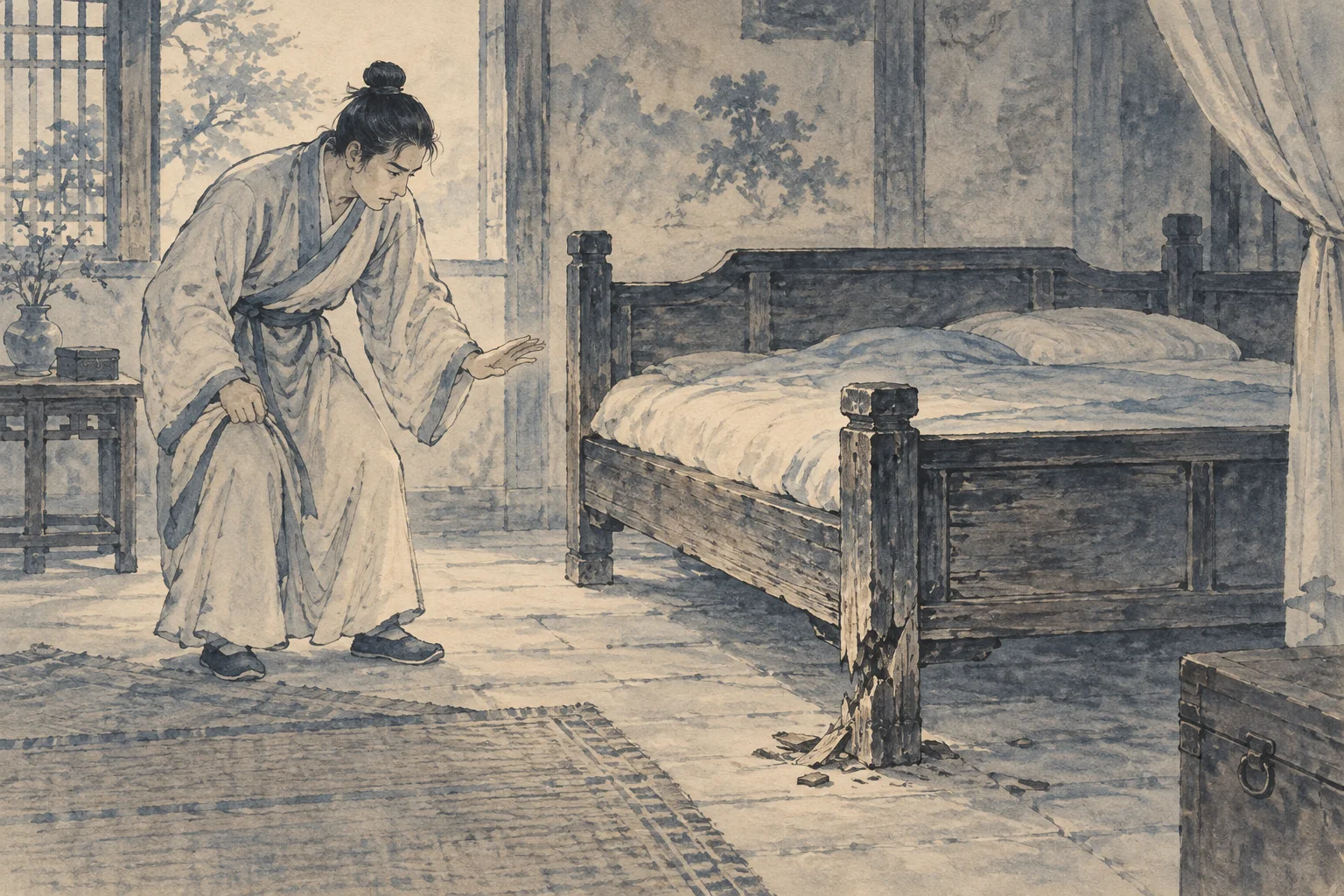 A person sees a wooden bed foot splintering before sitting.
