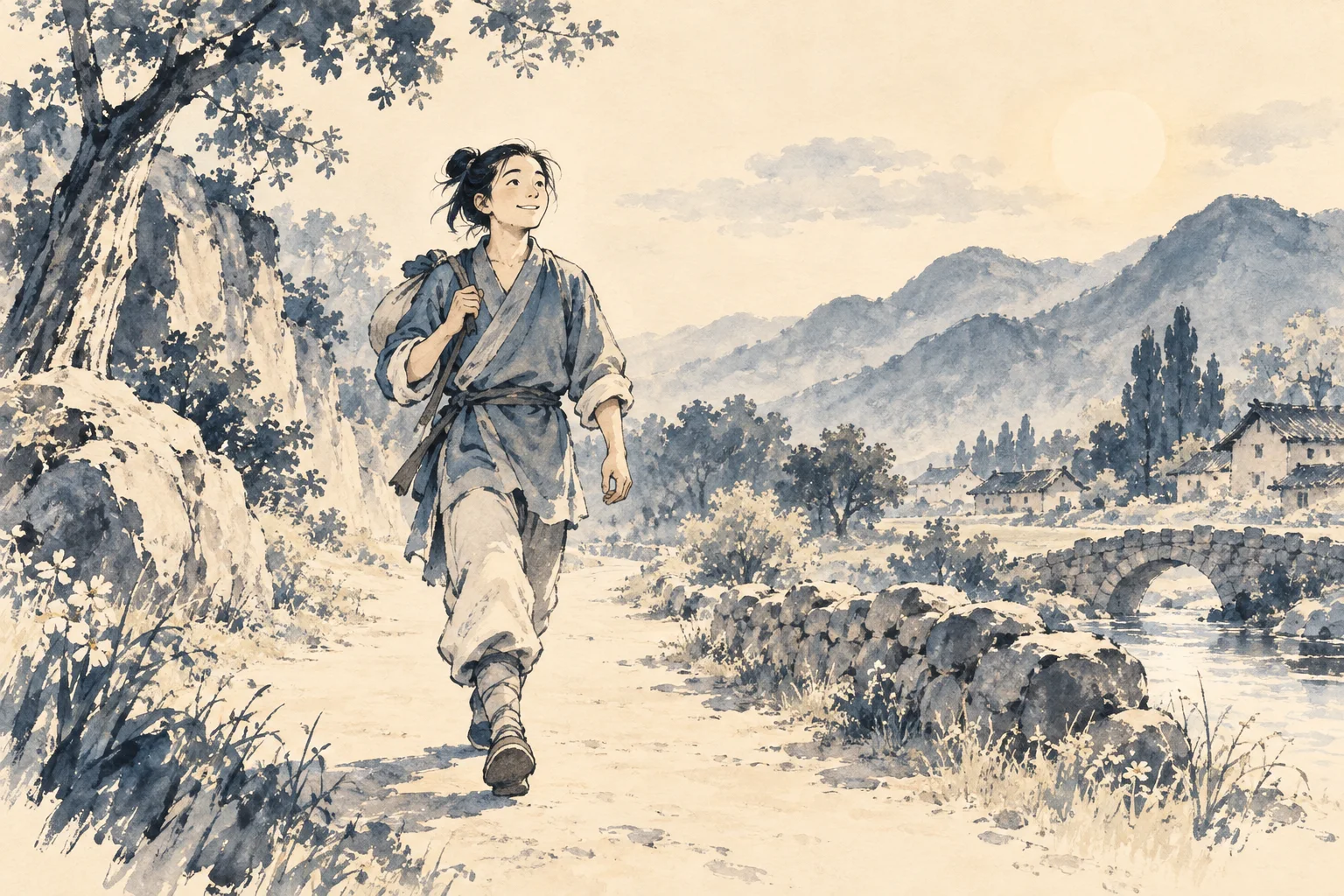 A traveler walks openly along a sunlit road.