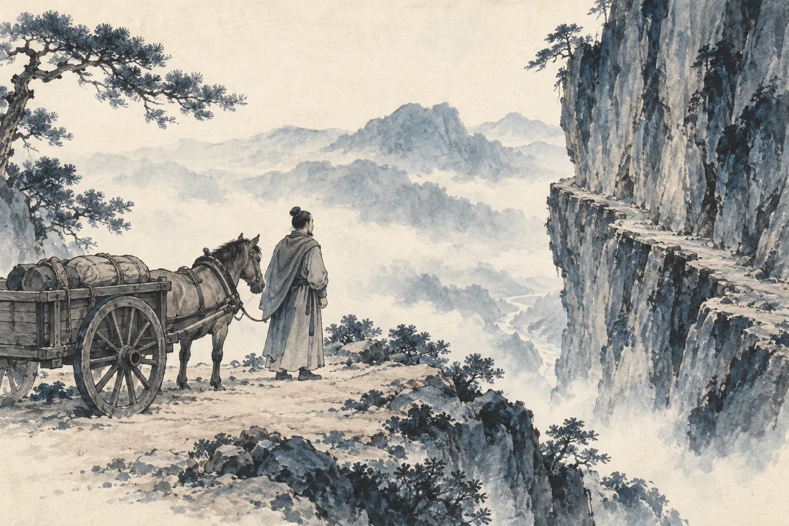 A traveler stops a cart before a cliff road.