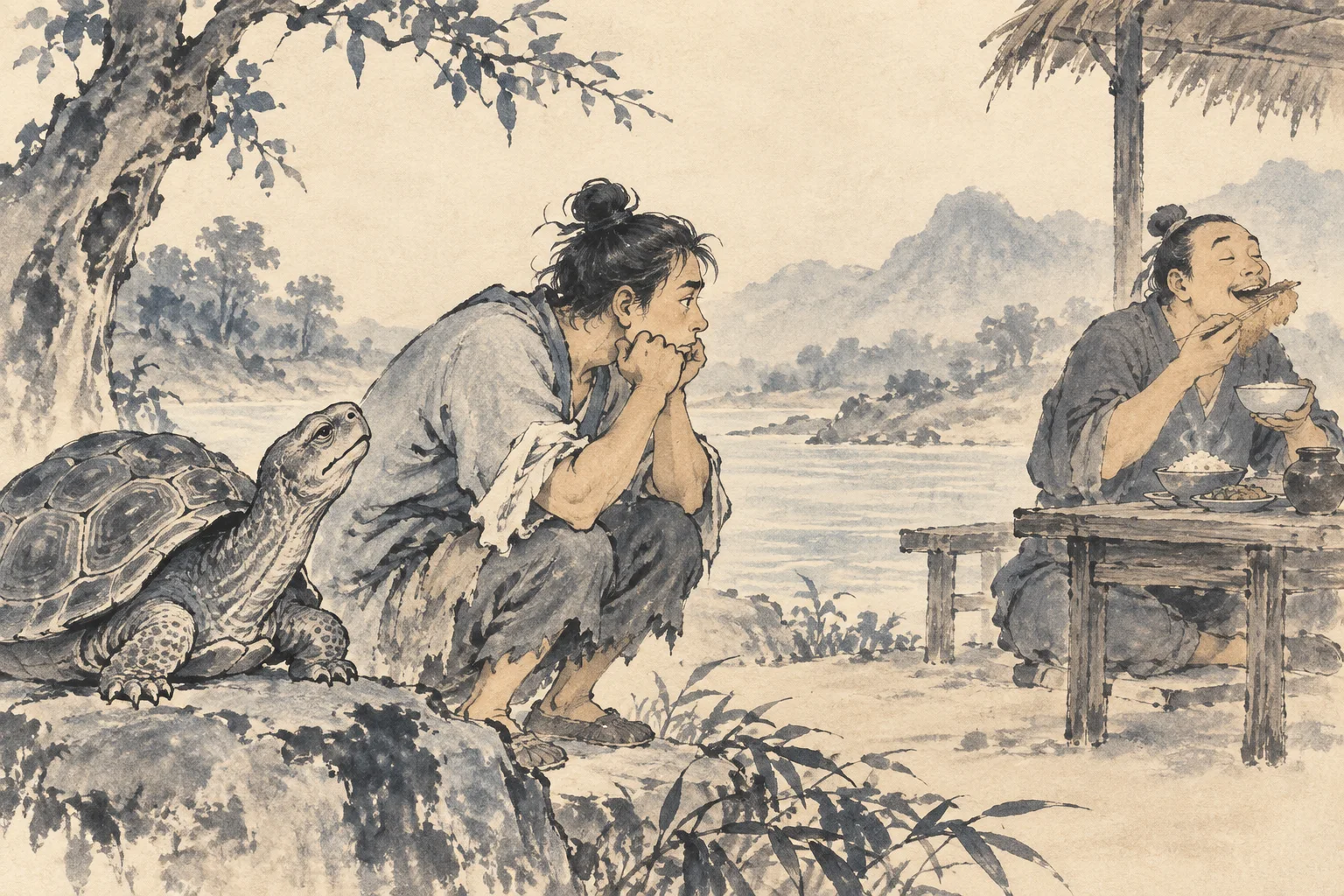 A person neglects a quiet turtle while gazing at another's meal.