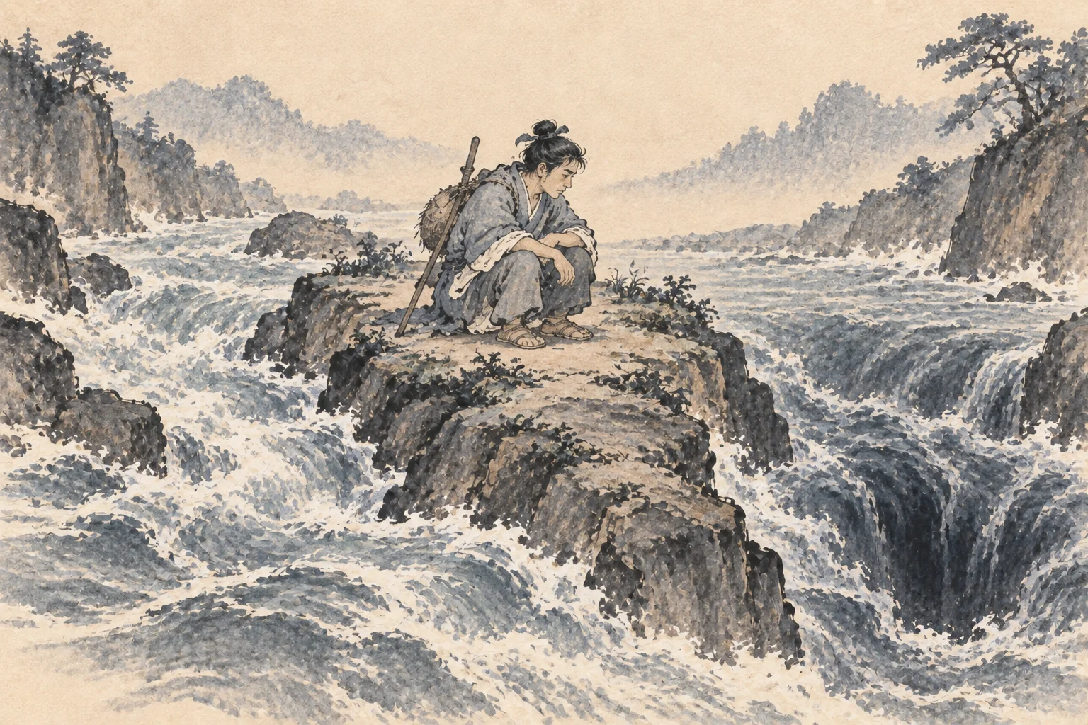 A traveler pauses on a narrow stone island between two dangerous channels of water.