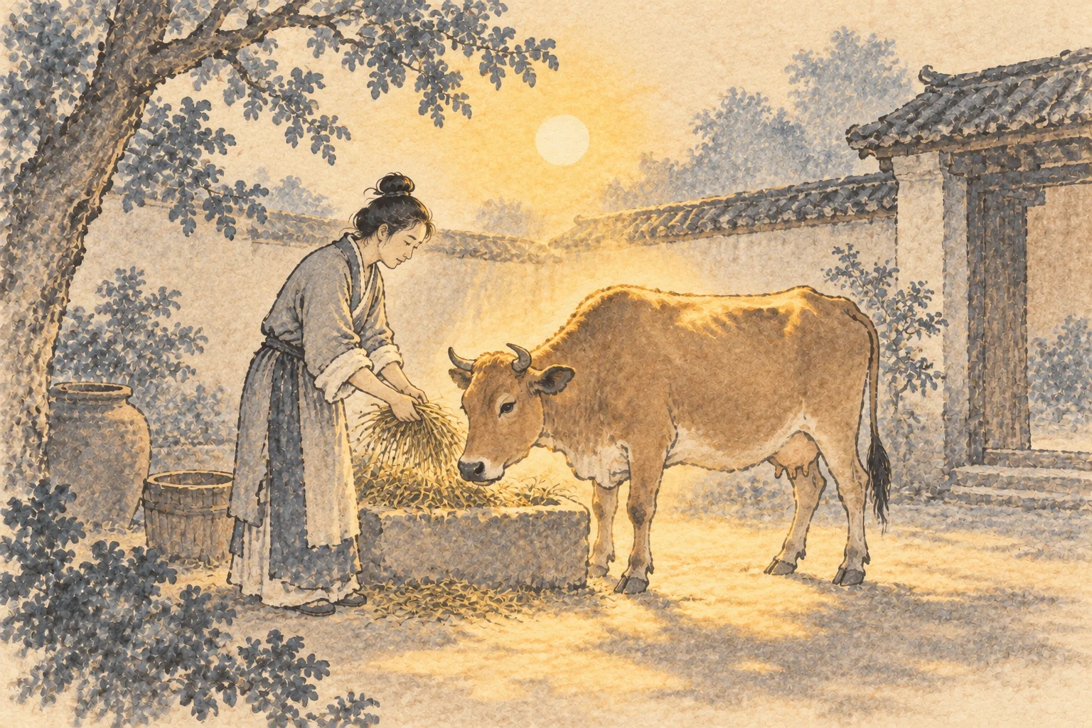 Balanced golden sunlight illuminates a caretaker and a calm cow in a courtyard.