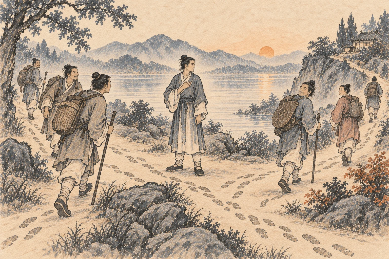People approach and leave a thoughtful figure beside a lake, showing how one feeling can draw others into response.