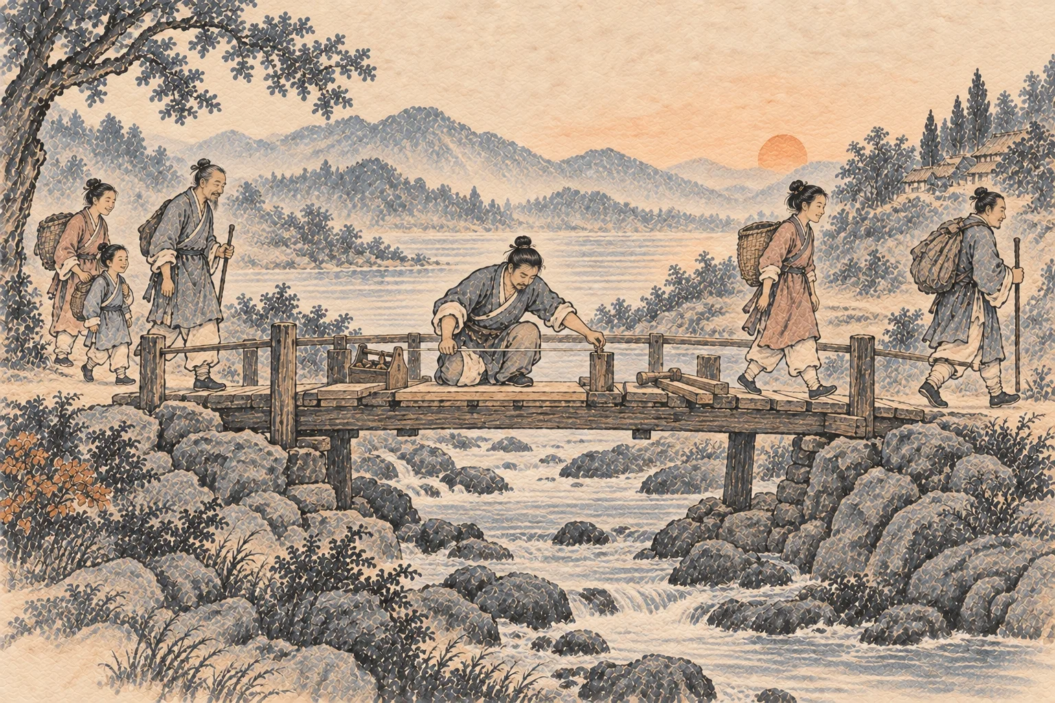 A craftsperson steadily repairs the middle of a bridge while travelers cross, giving constancy a practical form.
