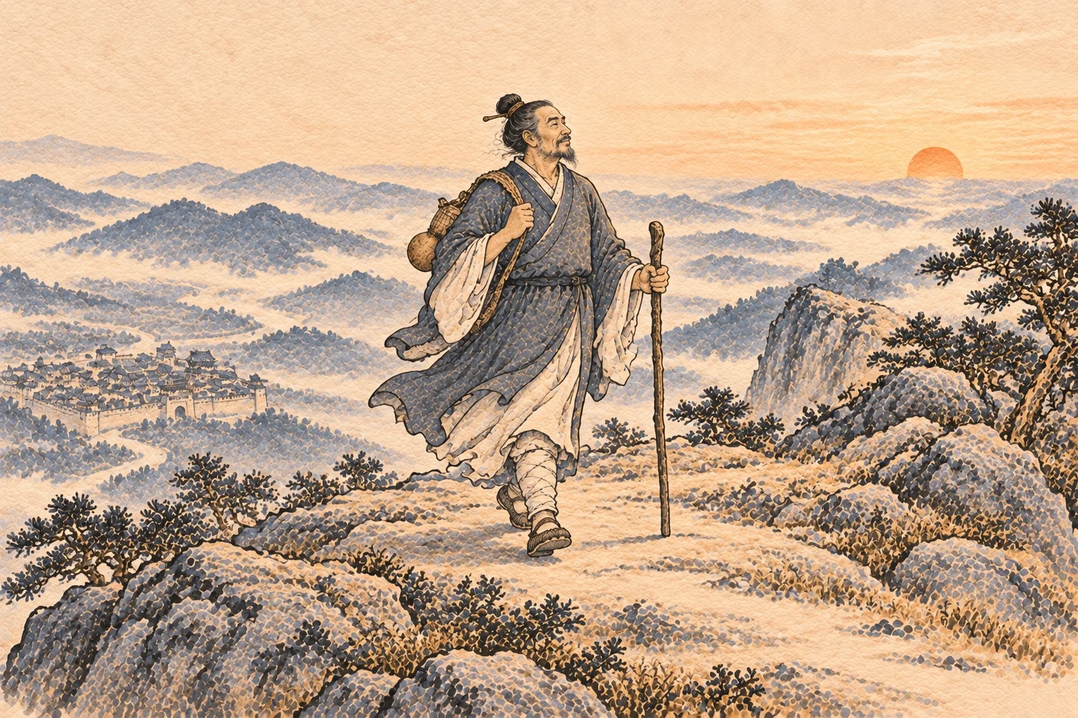 A traveler walks freely along a broad mountain ridge with the former town far behind and open sky ahead.