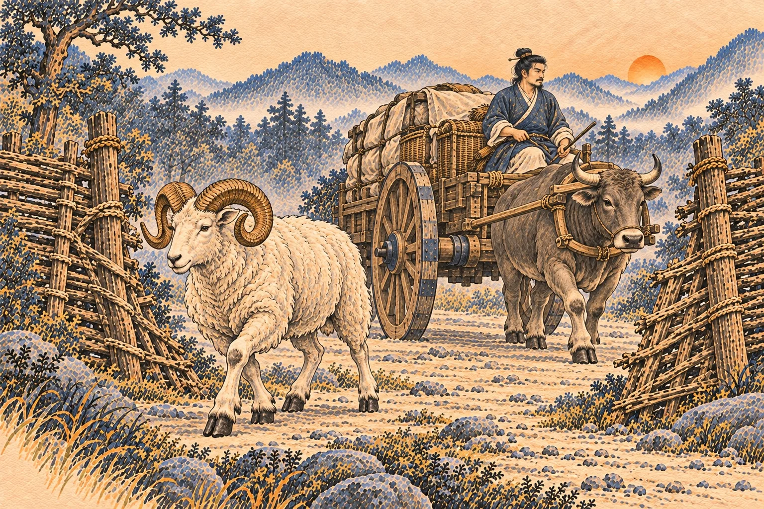 A ram with free horns and a separate ox-drawn cart with a strong axle pass through a wide opening in a broken wicker fence.