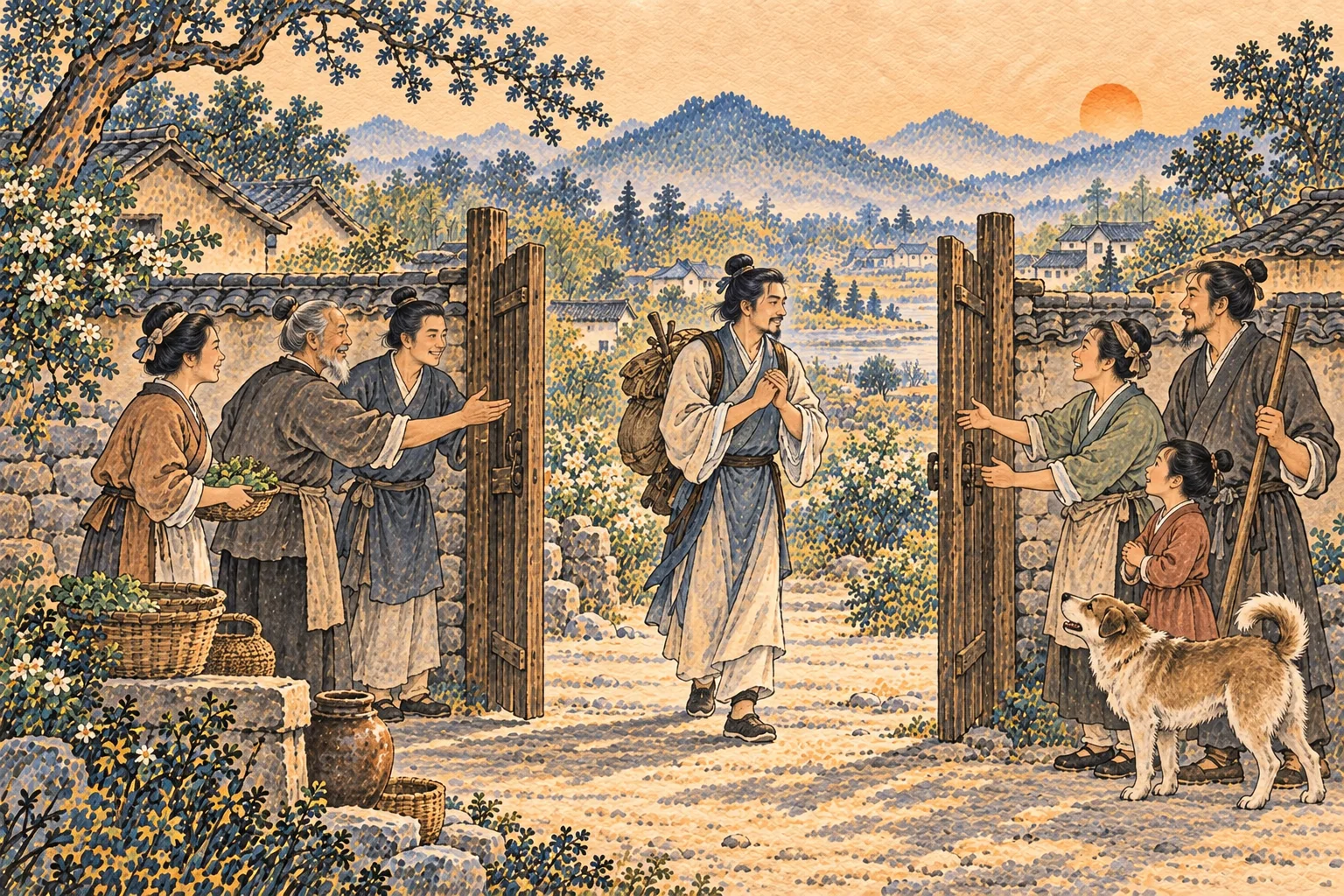 Neighbors on both sides of a village gate welcome a trusted traveler into the light, making collective assent visible.