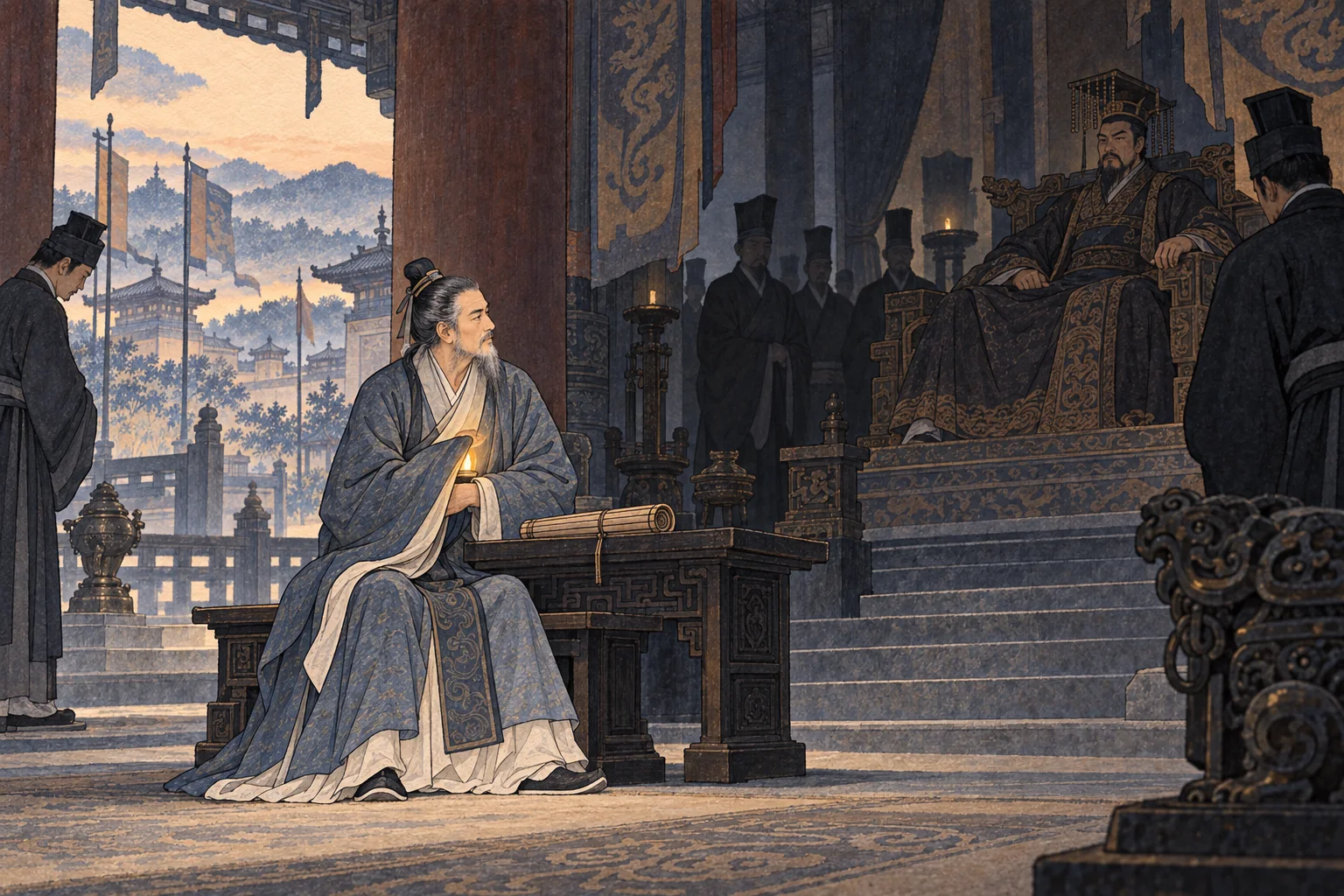 An elder scholar shelters a small lamp near a shadowed royal court, preserving clarity without displaying it openly.
