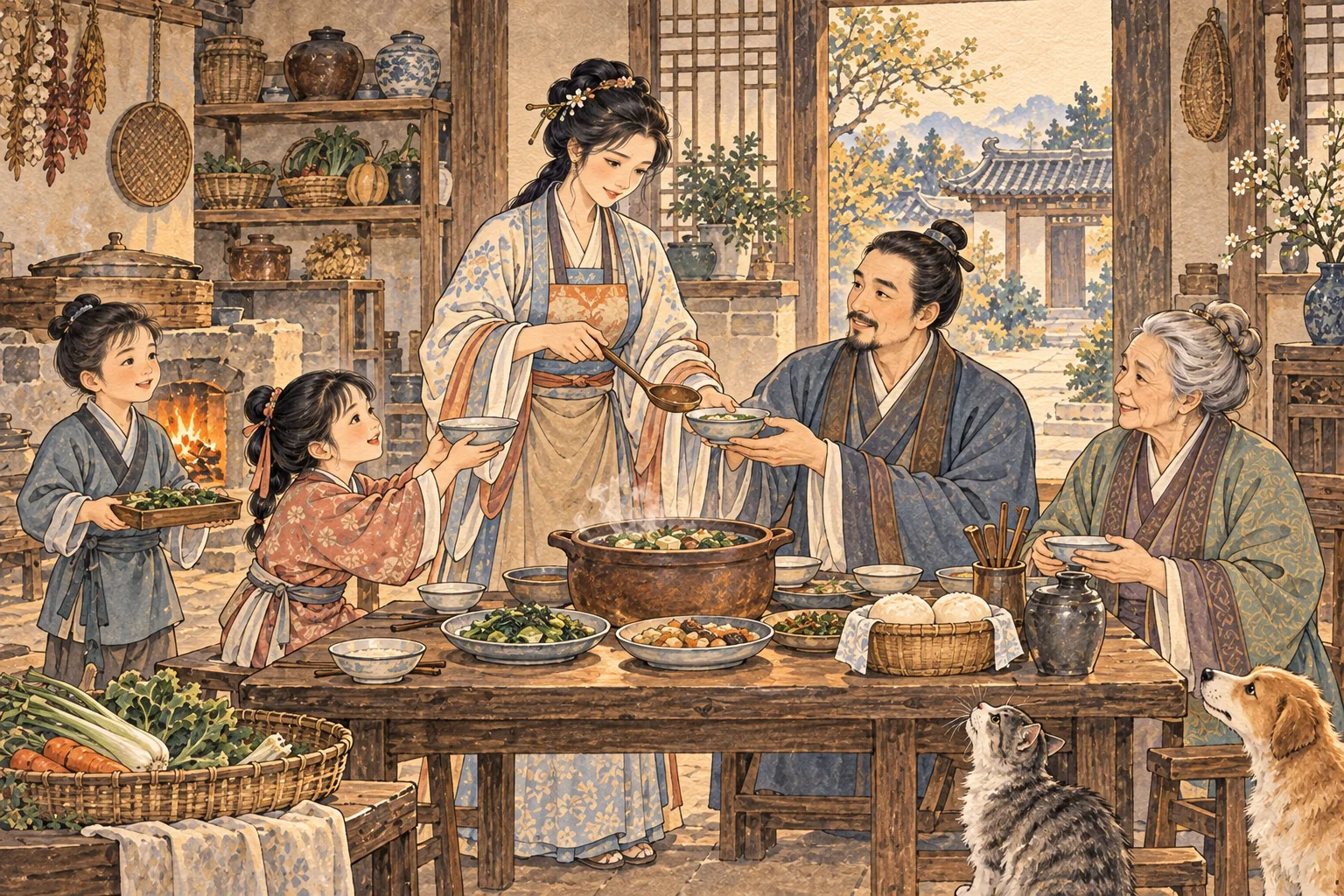 At the center of a household, a woman serves a shared meal while family members help and receive it around a steady hearth.