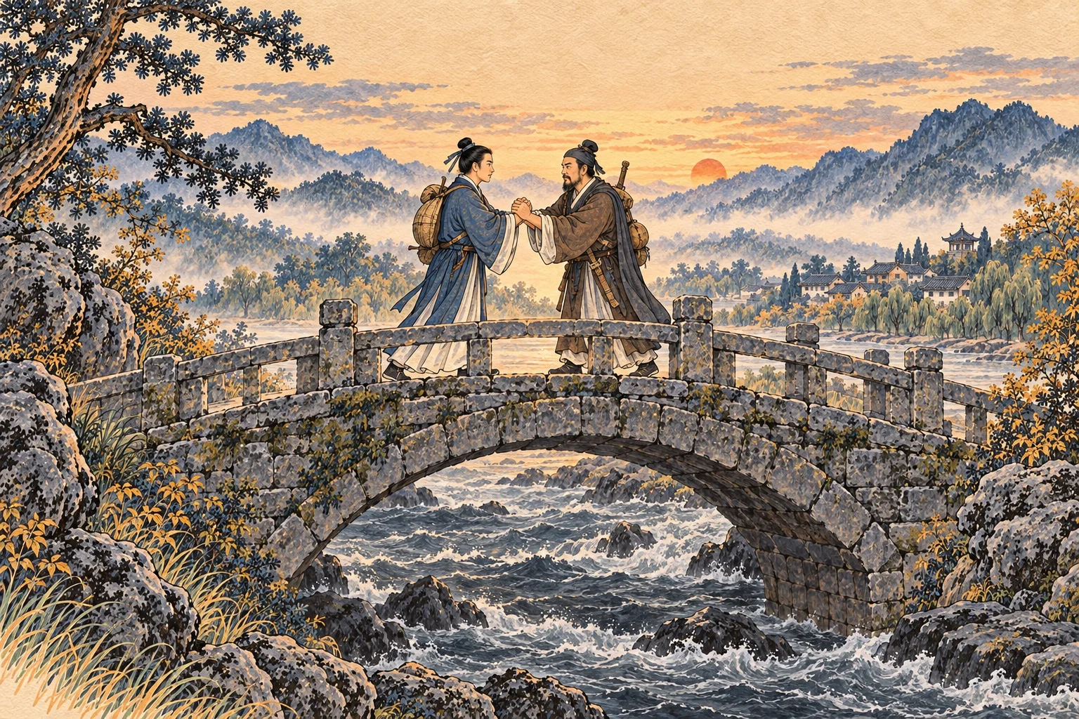 Two people who have each been alone meet and clasp hands on a bridge over difficult water.