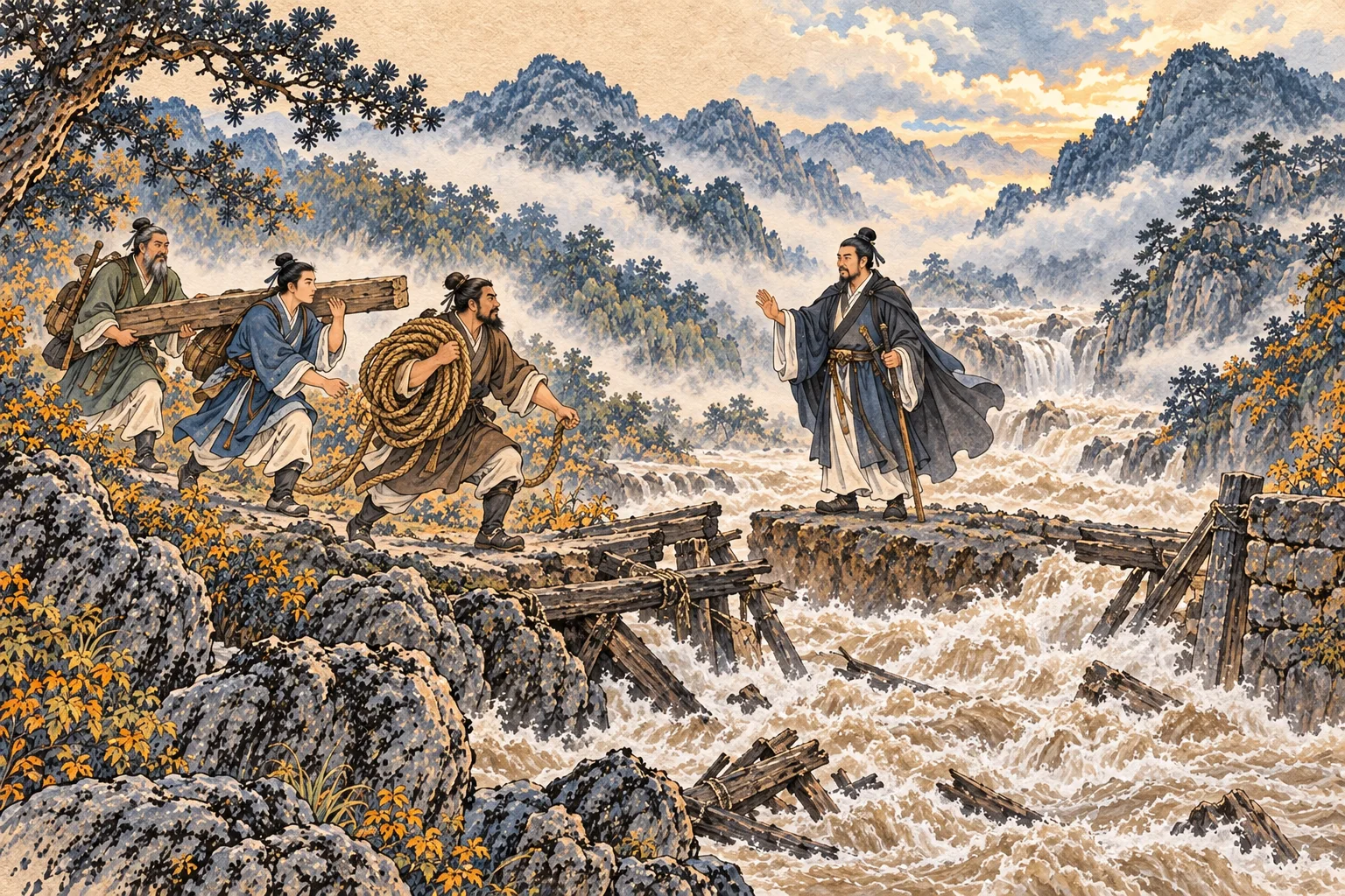 Friends bring rope and timber toward a stranded leader at a broken crossing over mountain floodwater.
