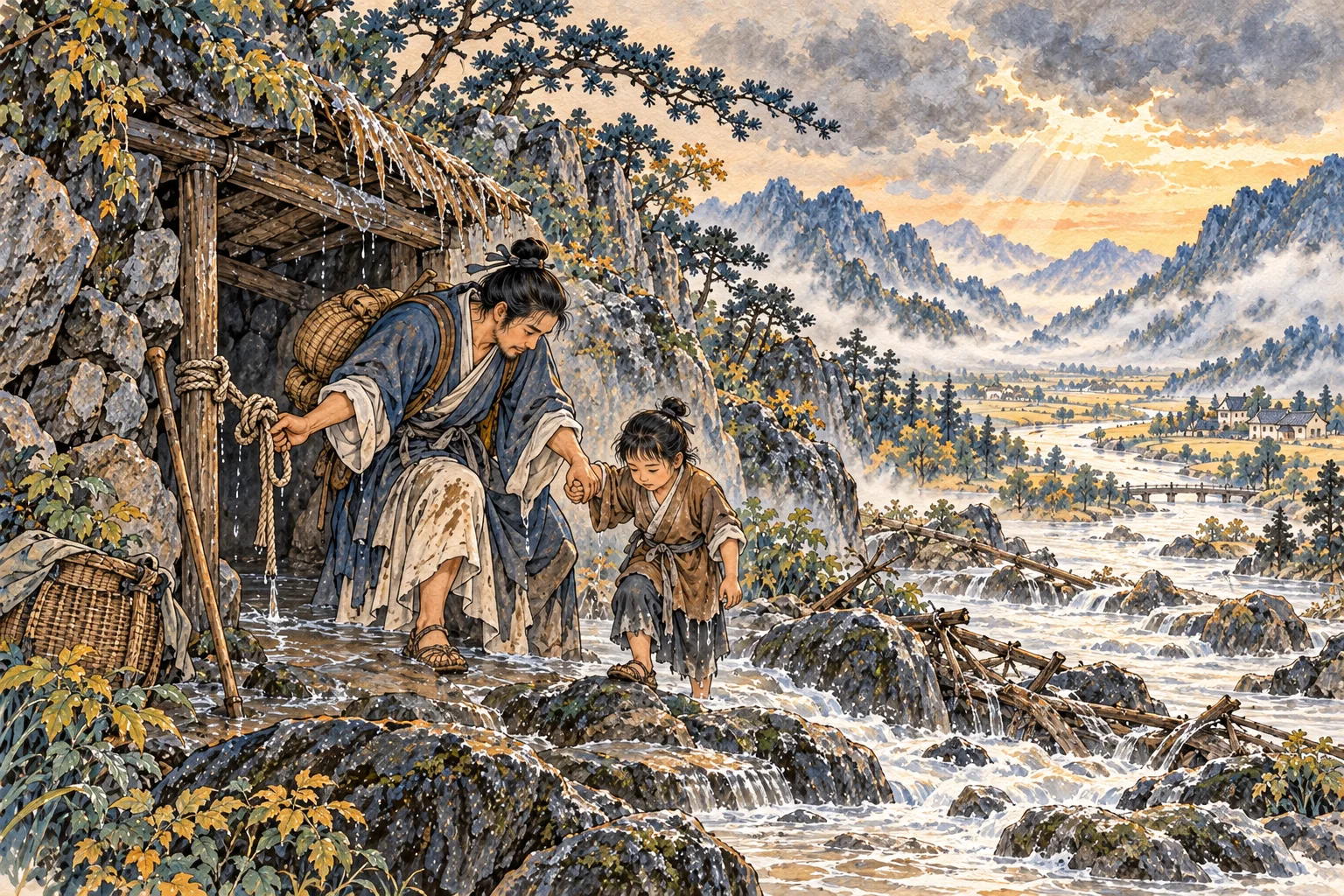 After a storm, a traveler loosens a wet rope knot and helps a child step out safely as mountain water begins to drain.