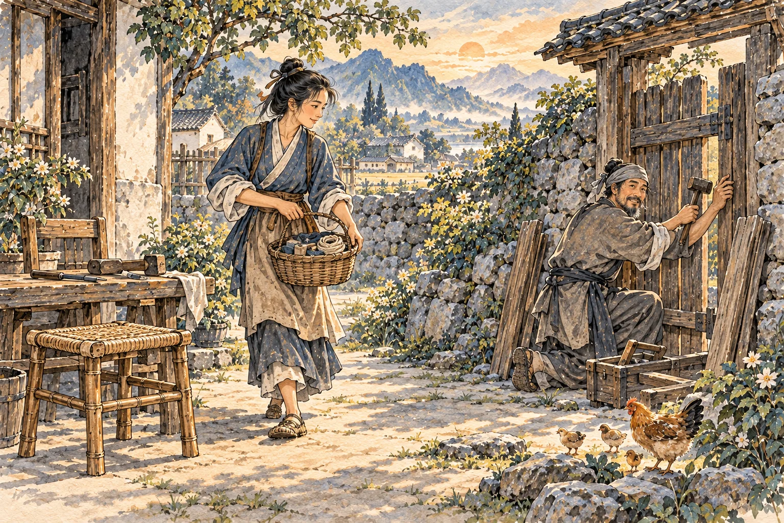 A craftswoman leaves her finished work and promptly brings a modest, measured basket to help a neighbor repair a gate.
