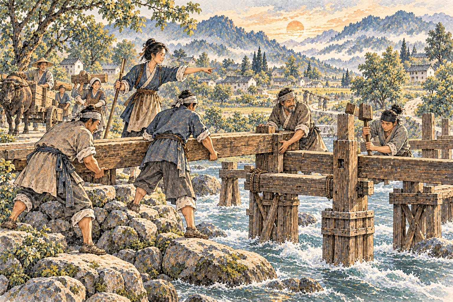 Villagers begin building a sturdy bridge together across a broad stream, laying a great beam for a shared public route.