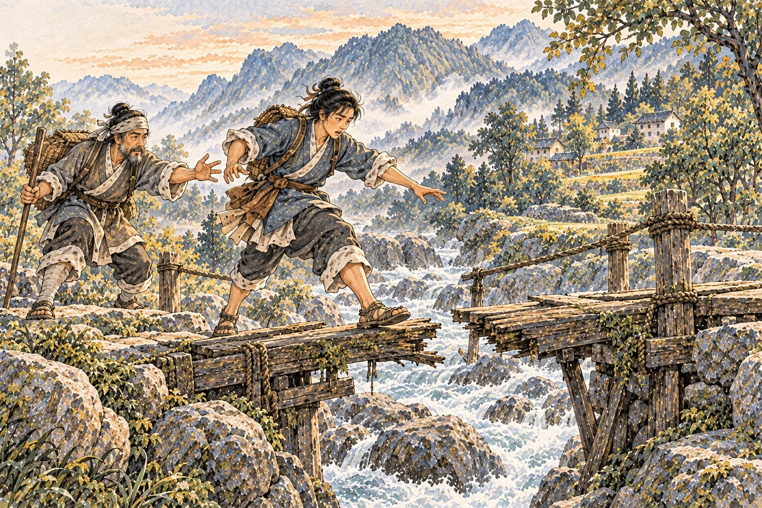 An overeager traveler reaches a foot across a broken bridge too soon and loses balance as a companion tries to stop him.