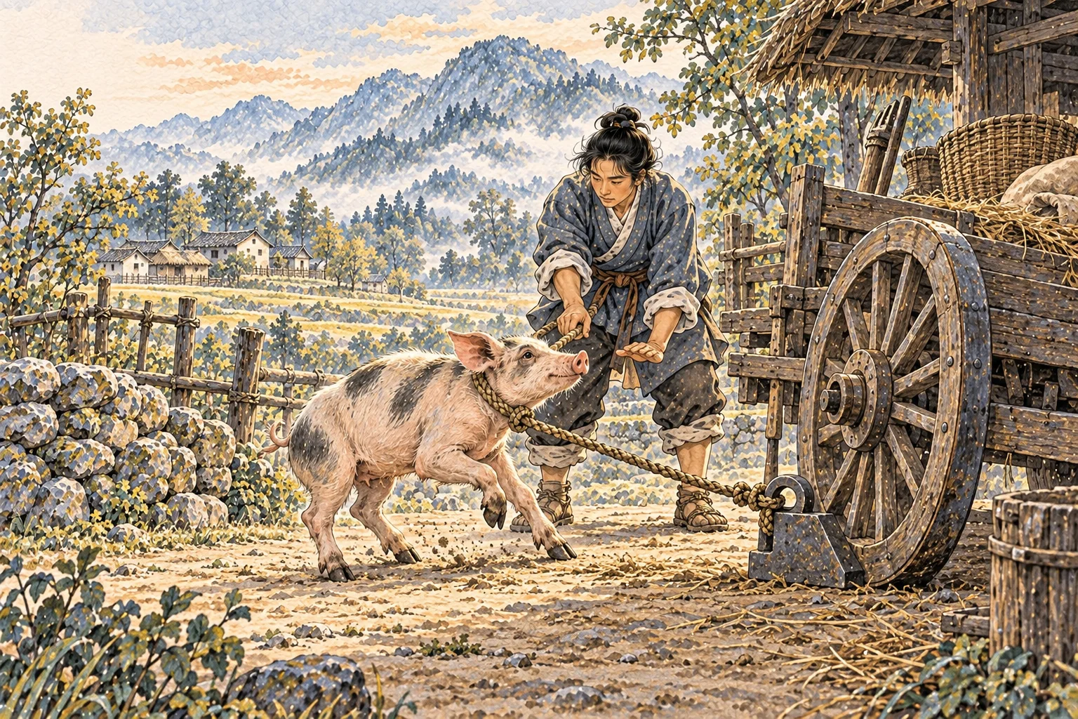 A restless lean pig tugs a tether at a cart, held by a metal wheel stop as a handler steadies it.