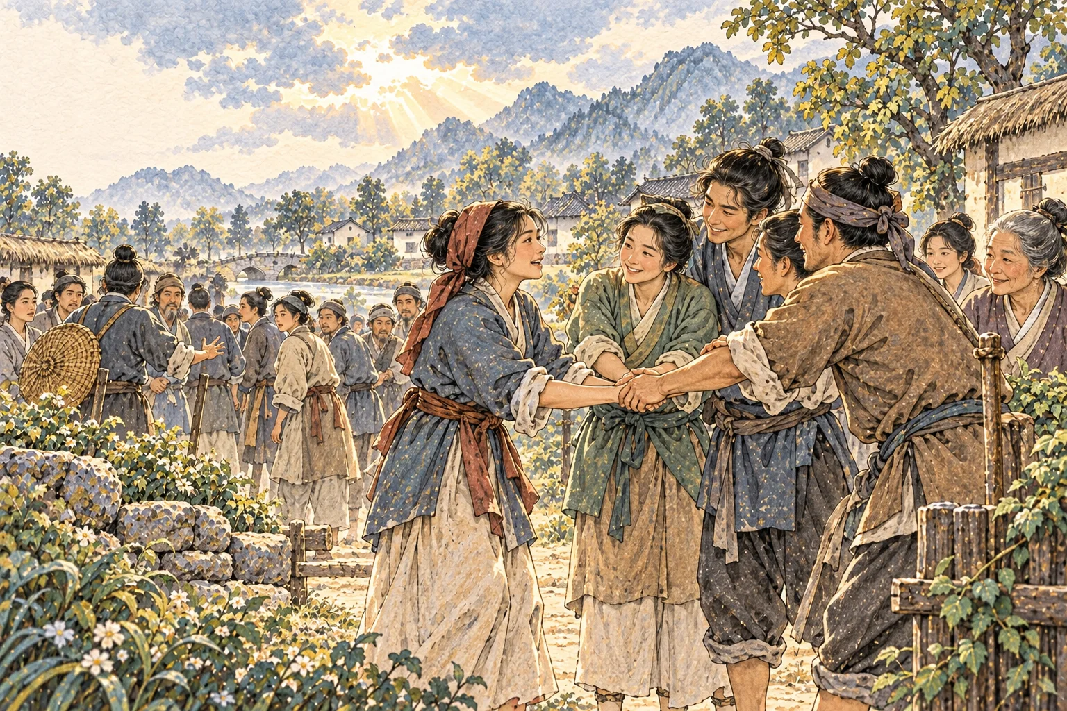 At the edge of a village gathering, companions turn toward a worried caller and clasp hands with renewed smiles.