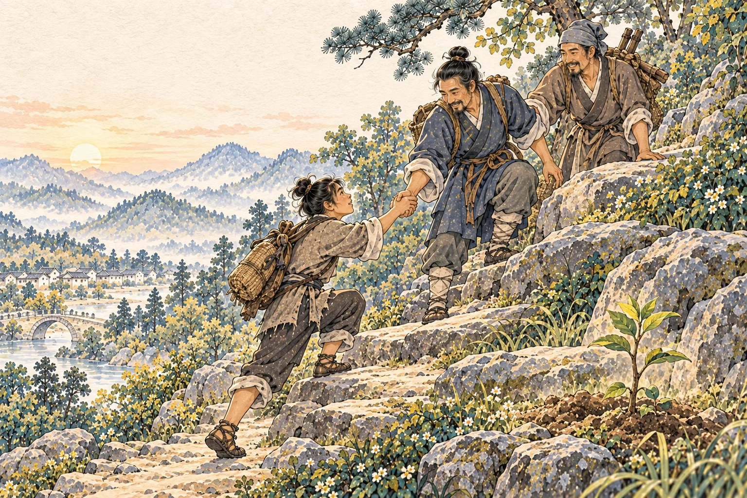 Experienced travelers extend their hands to help a younger climber rise along a stony mountain path beside a sapling.