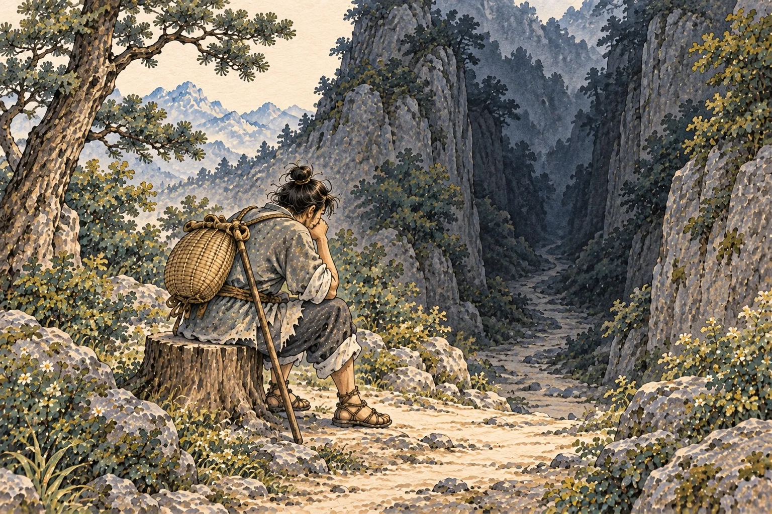 A weary traveler sits on an uncomfortable tree stump at the mouth of a shadowed, narrow valley.
