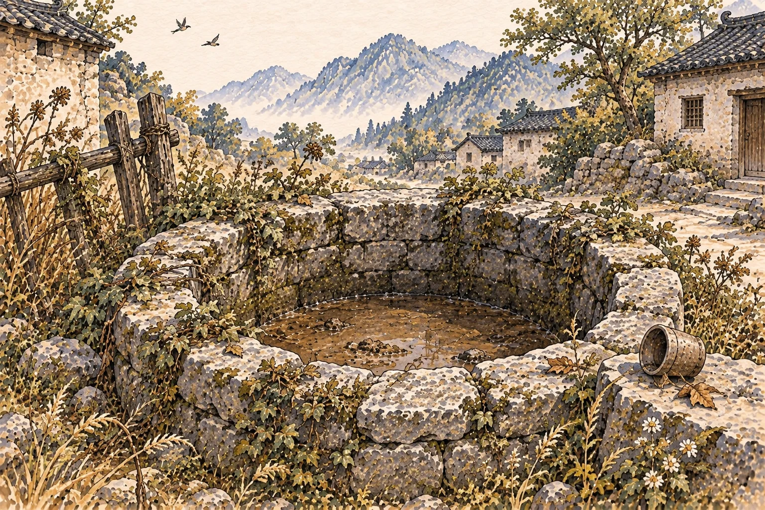 An old stone well holds shallow muddy water and weeds; even distant birds pass it by.