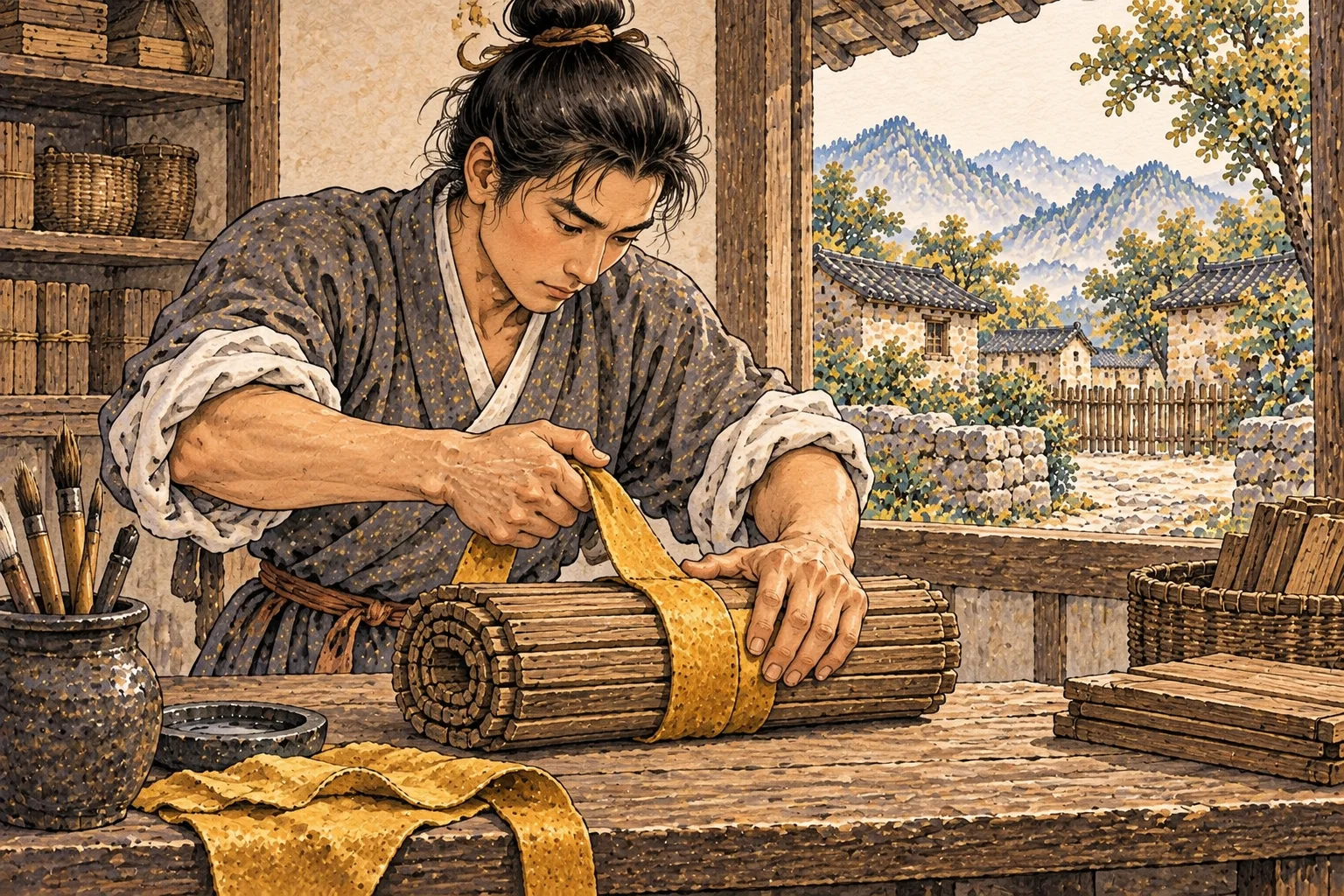 A careful artisan binds a rolled plan firmly with yellow oxhide while the village beyond remains still.