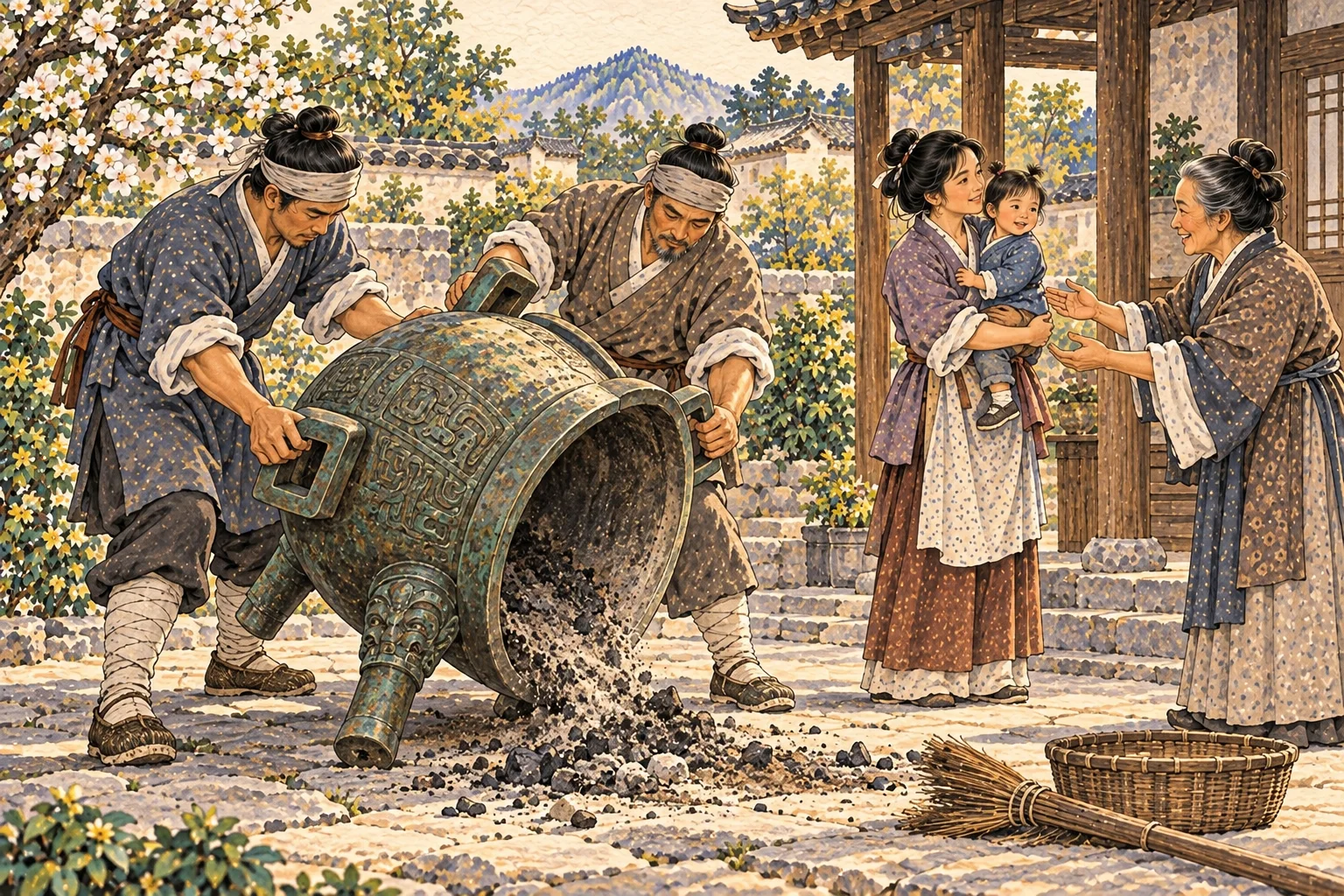 Two people tip an ancient bronze tripod cauldron to clear out old sediment before it can nourish anyone anew.