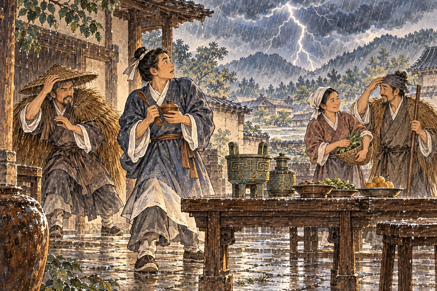 A sudden thunderclap startles a ritual attendant who still holds a wooden spoon and cup securely while companions begin to recover.