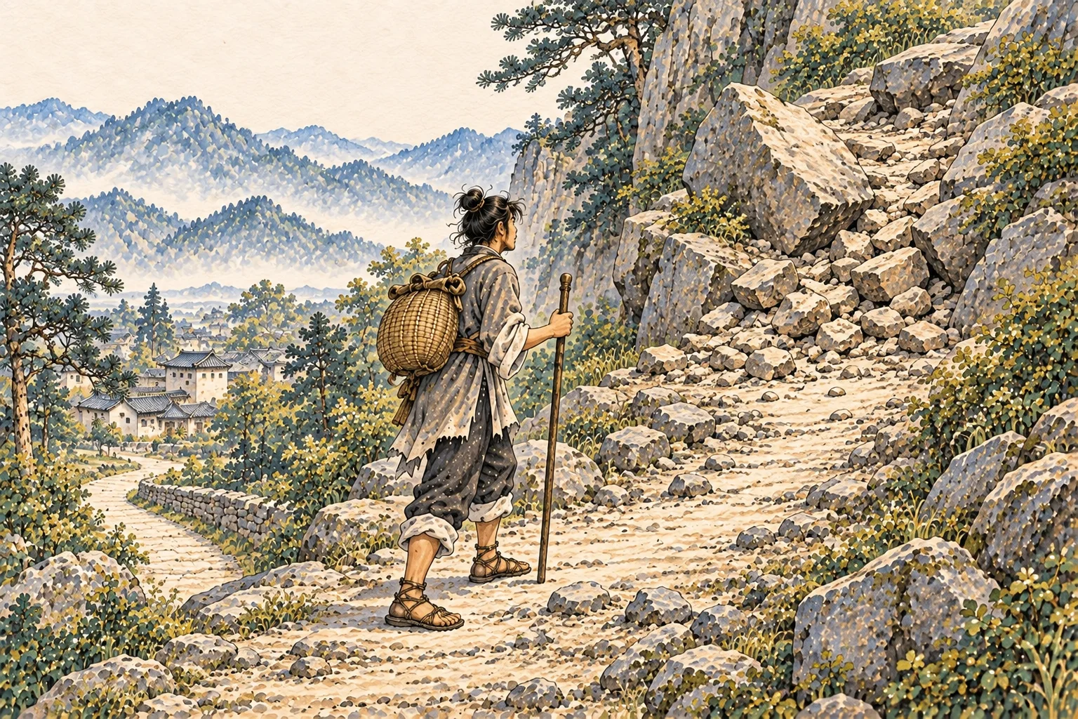 A traveler plants both feet at the start of an unstable mountain trail, pausing before stepping forward.