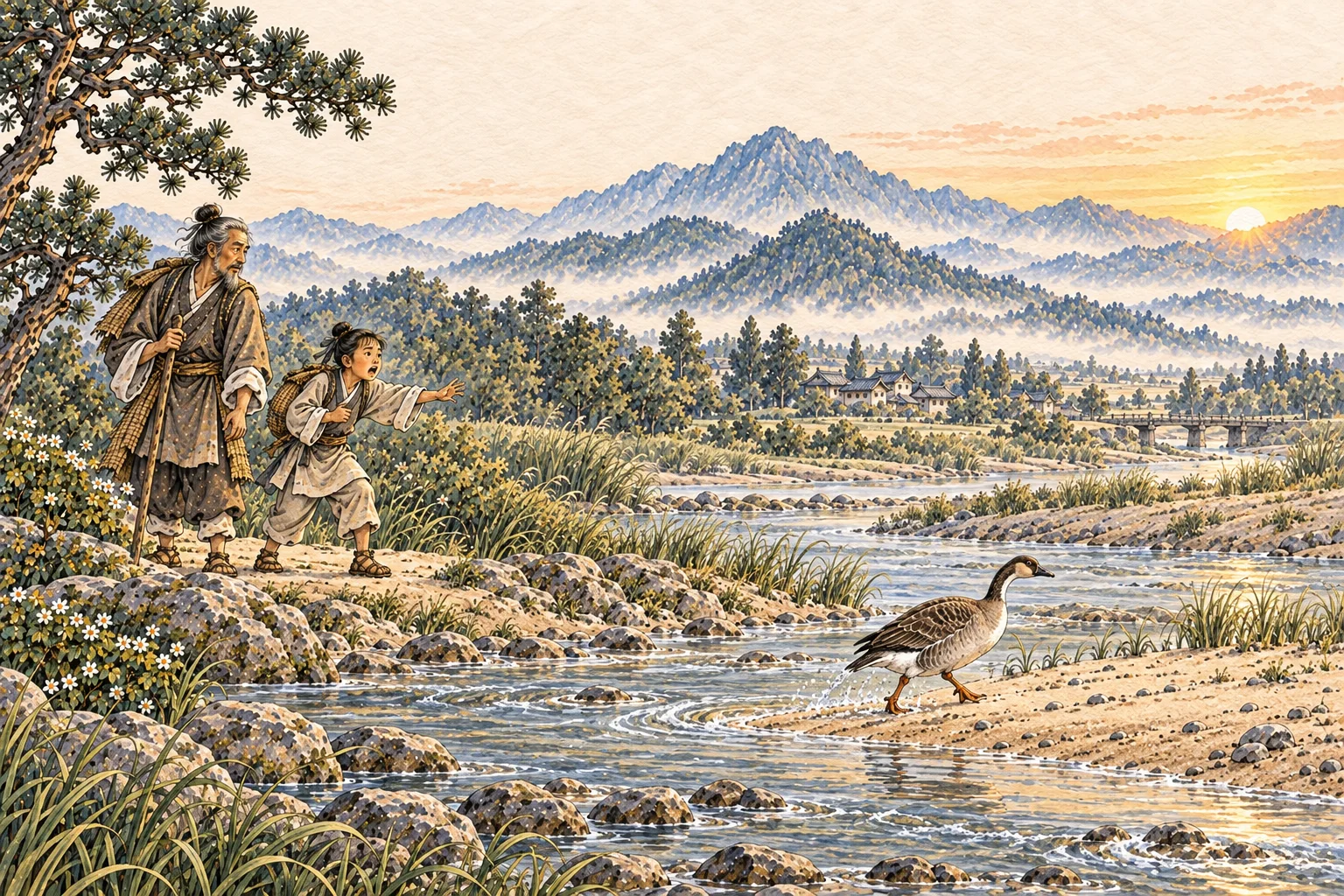 A wild goose steps cautiously onto a riverbank while a child calls out to an older companion.