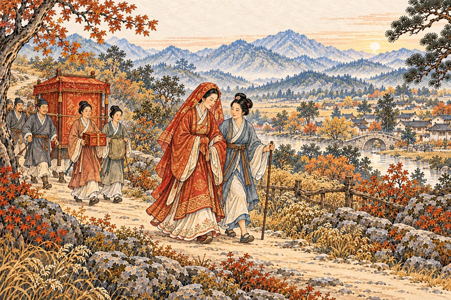 An ancient bridal party travels a country path; a young sister-attendant walks with a staff beside the bride.
