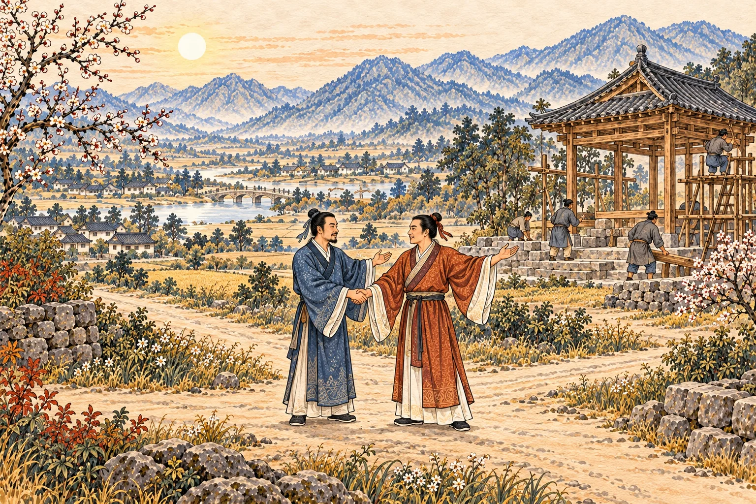 Two equal partners meet in a bright open valley and join hands under the noon sun.