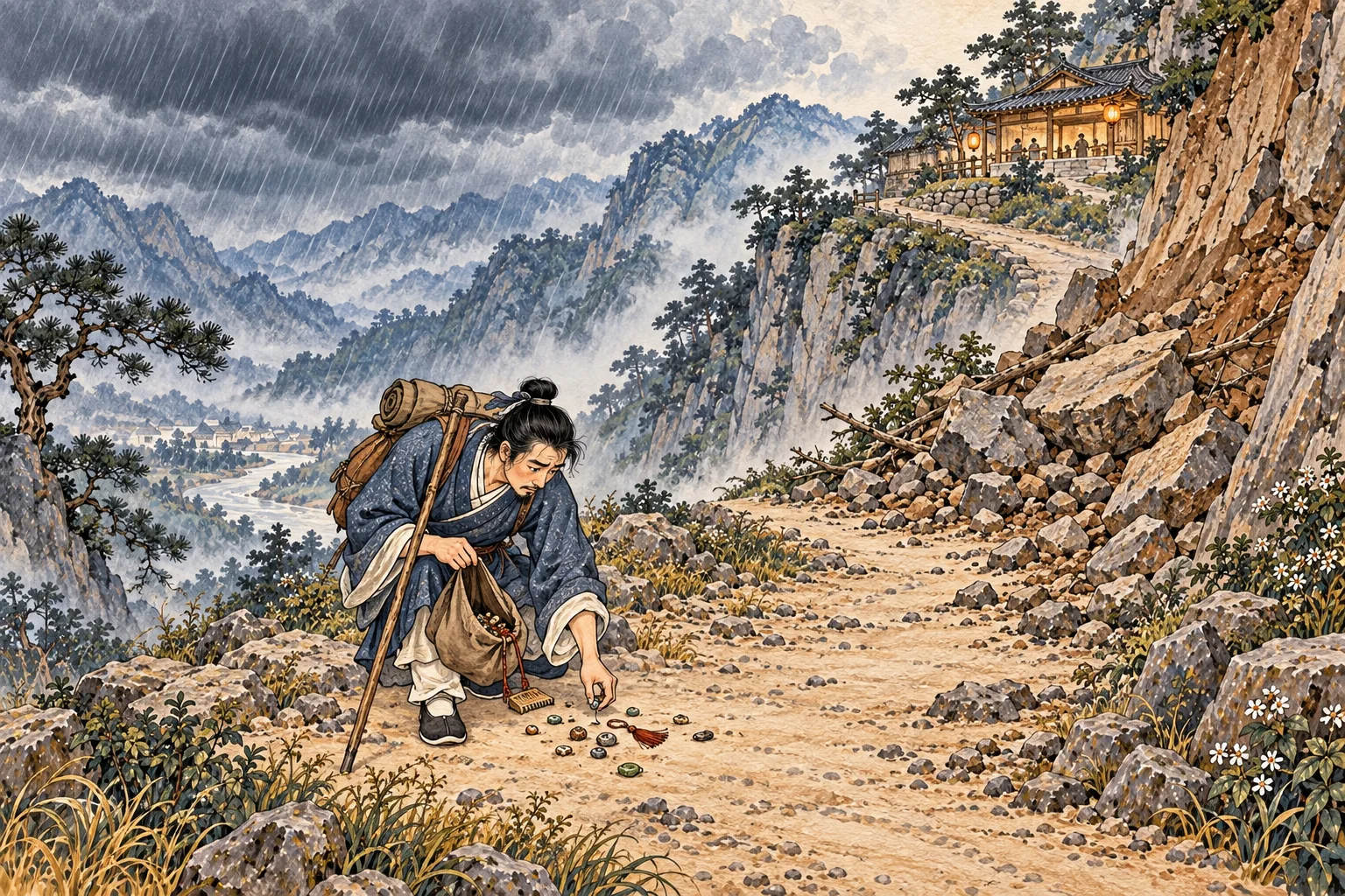 A traveler gathers scattered small items on a stormy mountain path while a safe inn waits uphill.
