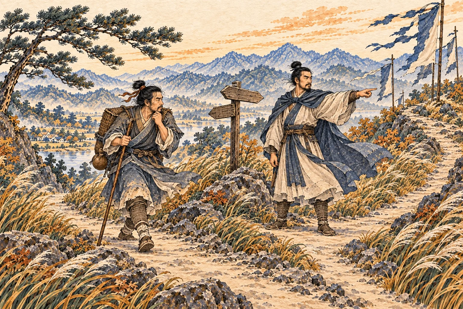 At a windy fork, an uncertain traveler hesitates while a disciplined guide points firmly toward a road.